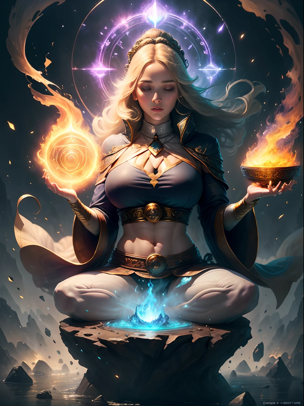 Immortal Goddess, Super beautiful, 8K, Super big breasts, A meditative, Bright white cloth covering parts of her body, Sitting cross-legged, A golden glowing magic circle spinning behind her, The aura of magic surrounding her parts, Magical, Fantasy, Milky Way background, (Four elements, fire, Water, Wind, Earth, Surround it),