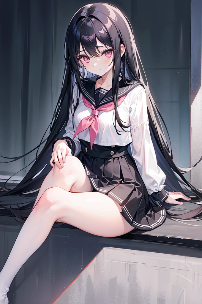 Long black hair that reaches the waist,light pink eyes,Thin hair curtain,Two hair curtains on both sides,dishiveredhair,chiquita,Black sailor uniform school uniform,Medium build,White skin of the,Sit cross-legged on the school rooftop,light smile,black lence stockings,Whole body diagram,Eye highlights,In school,A gentle breeze ruffled her long hair,View of the knee pillow