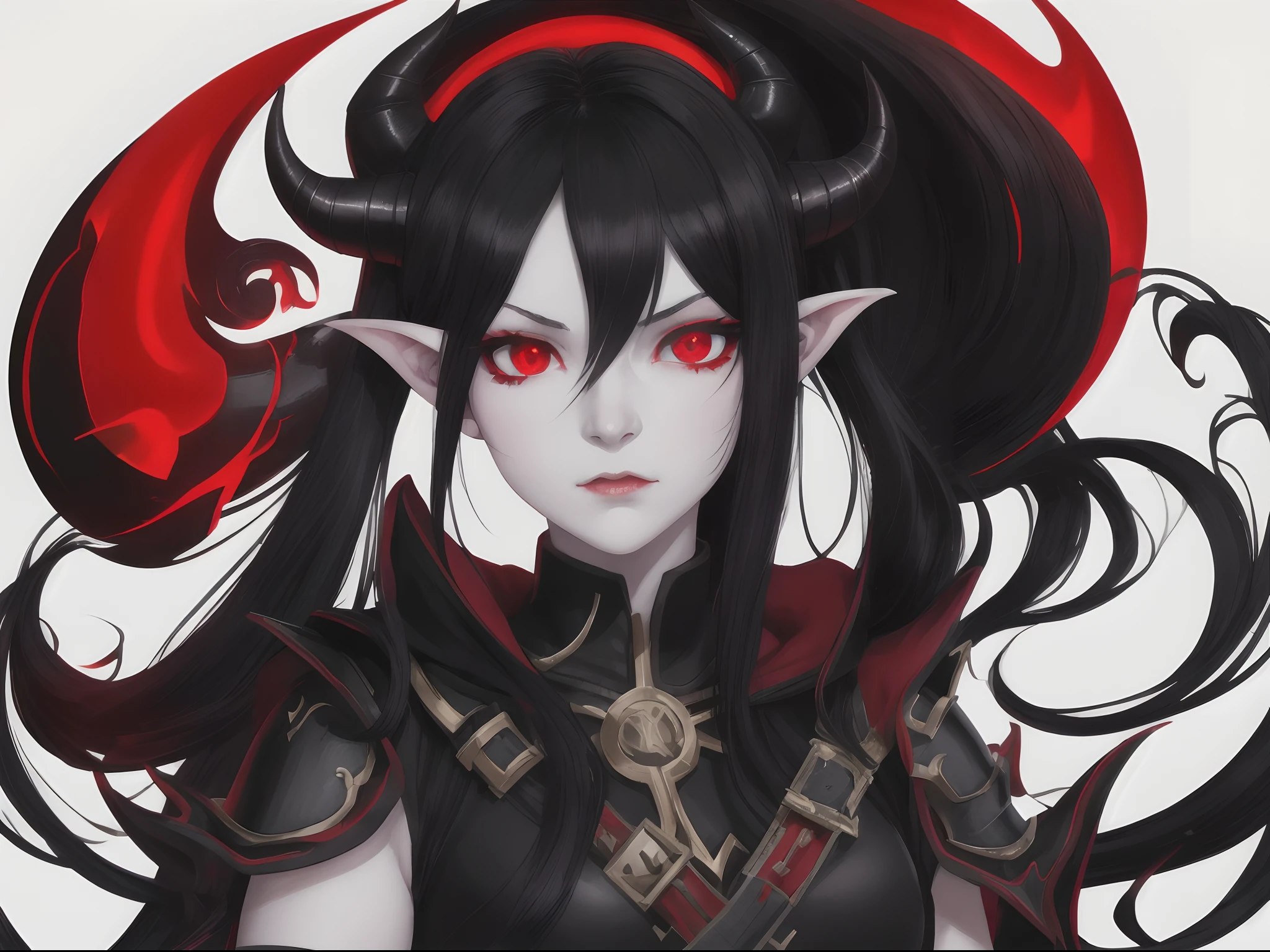 tiefling, Long Black Hair, pure white skin, red eyes, Female, black horns, demon tail, best quality, high quality, simple background, red armor, anime style
