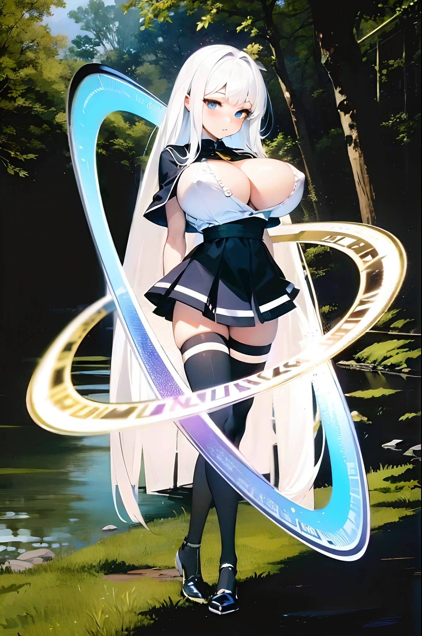 thin (cute :1.2) standing in forest, childish, (disproportionately (perky gigantic breasts:1.3) despite little child:1.1), (cleavage:1.3), (frilled white shirts with open chest wide), BREAK, large cute eyes, loli face, K, (shining magic texts in shining magic circulars:1.2), BREAK, thin long legs, too thin waist, arms behind back, BREAK, (very long white straight hair:1.2), blunt bangs, BREAK, (long black thighhighs with white line), BREAK, short black capelet, short black high-waist skirt cinches waist tight, BREAK, looking at viewer, (nose blush:1.2)