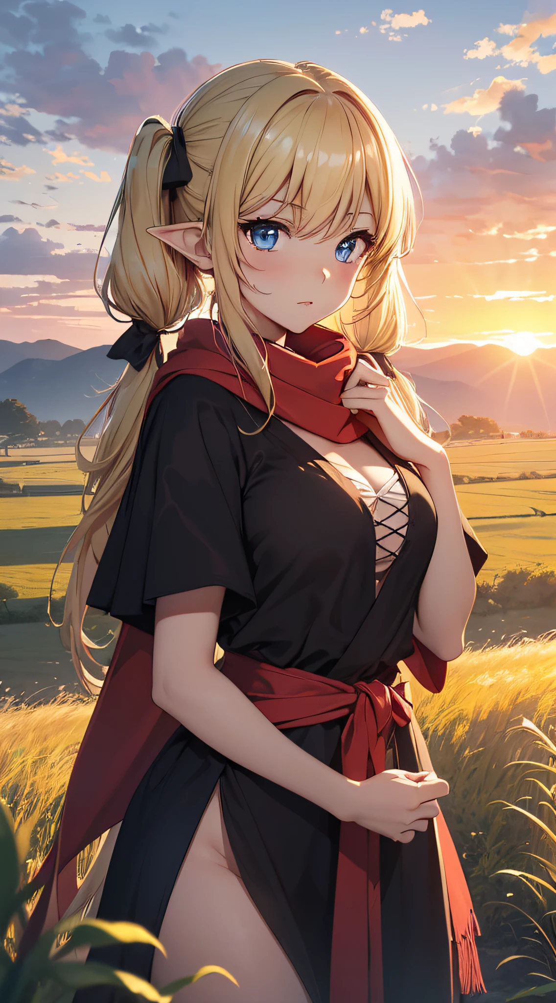 top-quality、Top image quality、​masterpiece、An elf girl((18year old、Best Bust、big bast,Beautiful blue eyes、Breasts wide open, Blonde twintails、A slender,Large valleys、red scarf、Clothes in black robes、Extend your right hand、Put your left hand on your chest)）hiquality、Beautiful Art、Background with((Large grasslands、sunrises)))、,masutepiece、visualart、depth of fields、