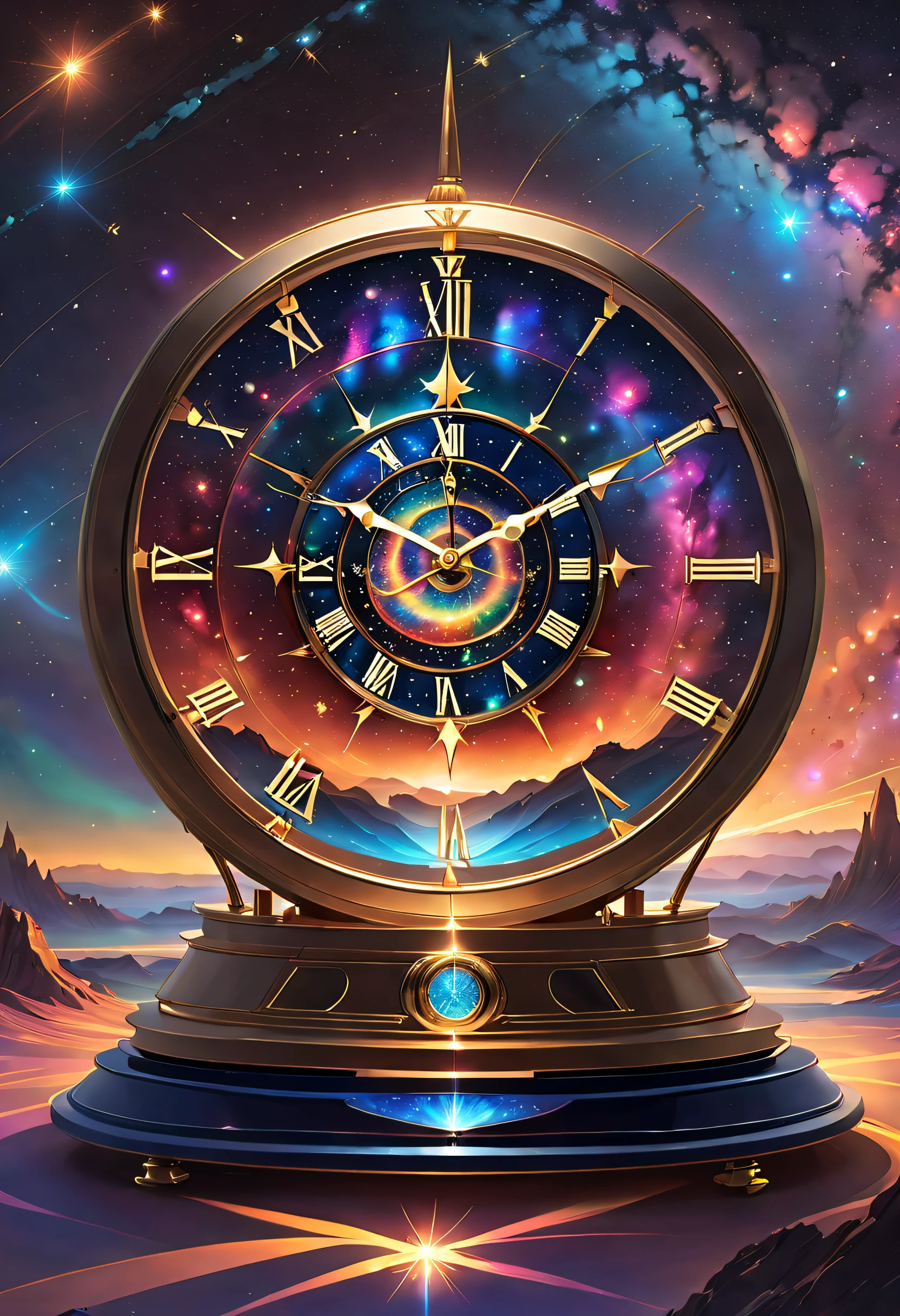 The exterior of this clock is made of a large piece of transparent crystal,The inside of the crystal seems to be inlaid with countless tiny stars and nebulae,Its shimmering light flickered to form a flowing cosmic scene。The entire clock is surrounded by a dazzling starry sky,It's like traveling through time and space,Immerse yourself in a mysterious universe。 The hands of the clock are no longer traditional mechanical structures,Instead, it consists of a miniature laser beam,Each rotation leaves a beautiful trail of light in the space。These laser hands radiate outward from the center of the clock,Like a starlight in the universe,Full of mystery and energy。The passage of time is no longer limited by the dial,Rather, it follows the flow of the laser pointer,Presents a fantastic visual effect,It makes people feel the flow of time and the rhythm of the universe。 The base of the clock is made of futuristic technical materials,It's like a fascinating cosmic base,It is covered with glowing LED installations,It's like a star-crossed city。Every time the clock starts or chimes,The LED lights on the base will show a colorful light and shadow,It is as beautiful and mysterious as a nebula,It makes you feel as if you have traveled to another dimension,clock,IvoryGoldAI, (Conceptual art, Ghibli-like colours, Hyperrealism, UHD, masterpiece, ccurate, anatomically correct, super detail, award winning, best quality, highres, 8k,The picture is bright,Global illumination,high saturated)