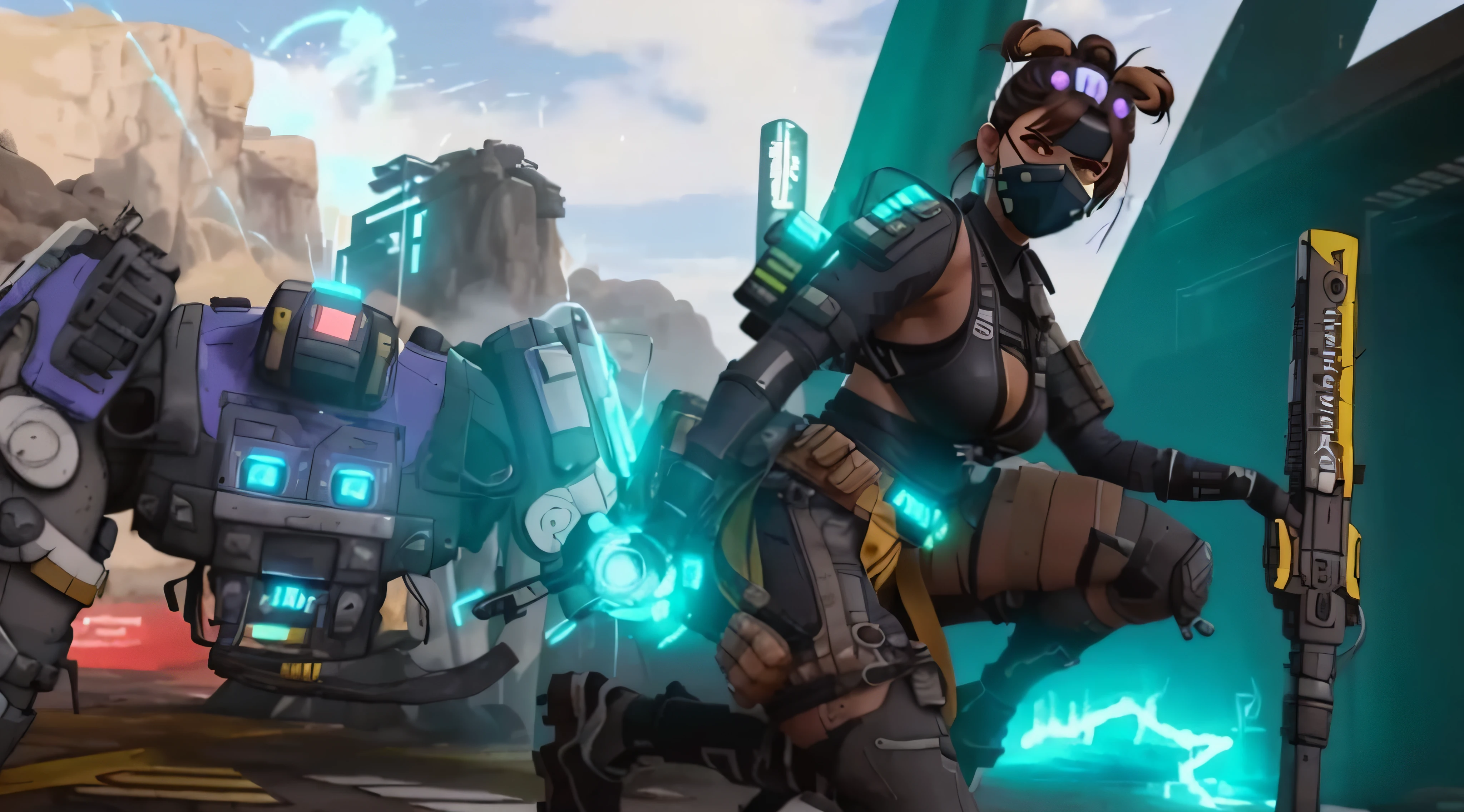 apex legends character, sharpen image, lifeline apex legends, add bigger boobs, make it anime style, remove mask, change to bikini outfit