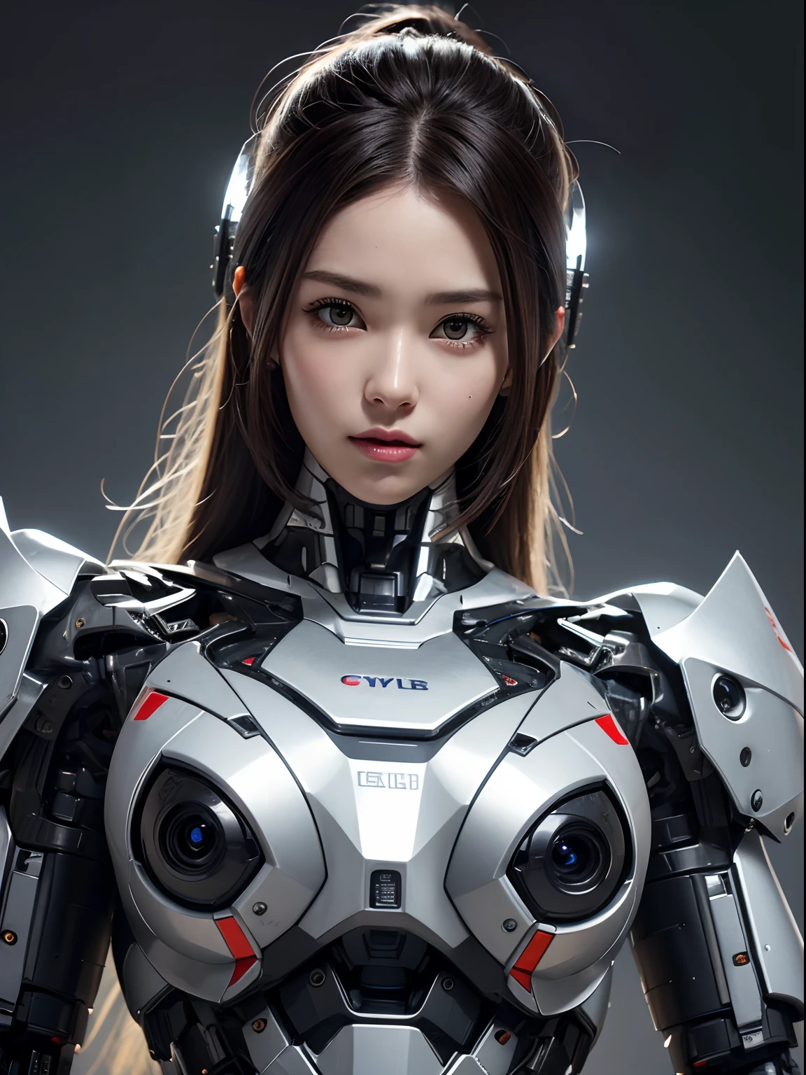 masterpiece, best quality, extremely detailed,  korean android girl,Plump , control panels,android,Droid,Mechanical Hand, Robot arms and legs, Black Robot Parts,Black hair,Mechanical body,Blunt bangs,White robotics parts,perfect robot girl,future information counter,reception,long tube,thick cable connected her neck,ceramic body ,mechanical body,mechanical costume,android,robot,humanoid,cyborg,information office,Korean android receptionist ,mechanical chest,blue eyes,