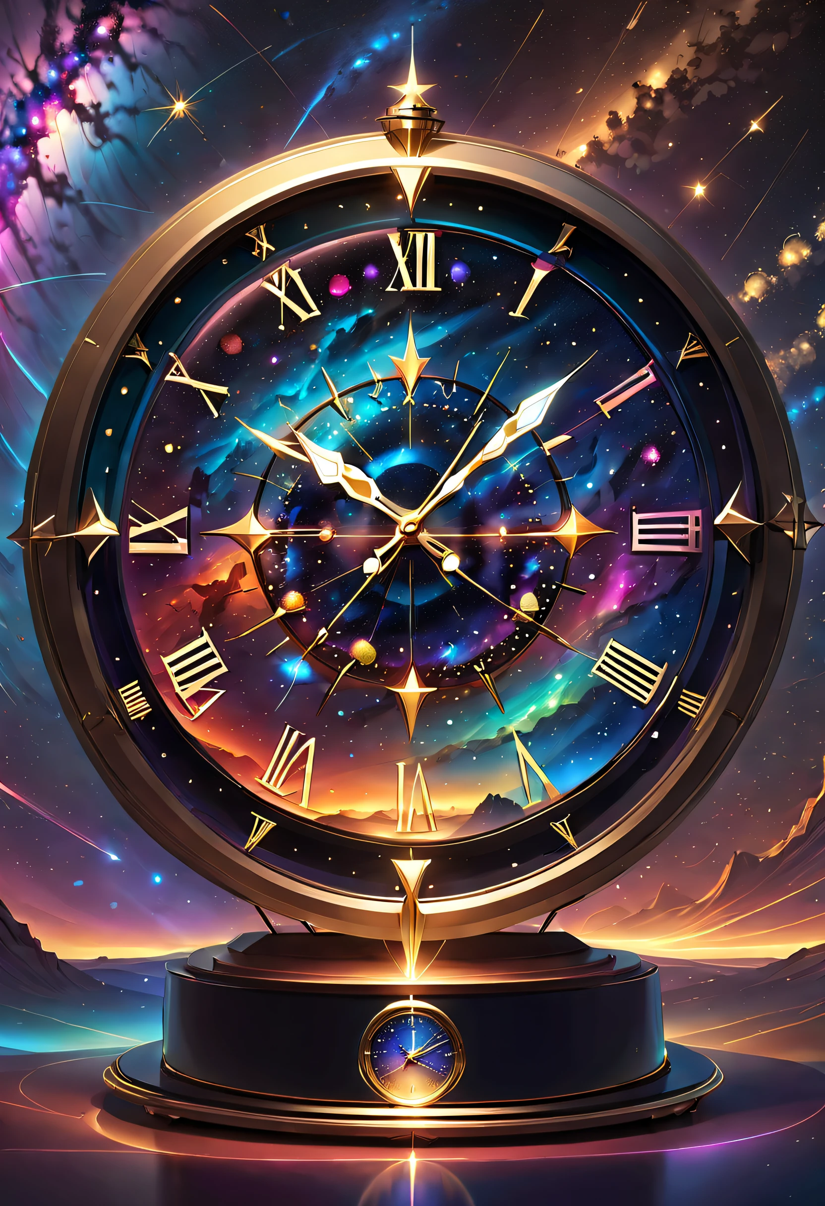 The exterior of this clock is made of a large piece of transparent crystal，The inside of the crystal seems to be inlaid with countless tiny stars and nebulae，Its shimmering light flickered to form a flowing cosmic scene。The entire clock is surrounded by a dazzling starry sky，It's like traveling through time and space，Immerse yourself in a mysterious universe。 The hands of the clock are no longer traditional mechanical structures，Instead, it consists of a miniature laser beam，Each rotation leaves a beautiful trail of light in the space。These laser hands radiate outward from the center of the clock，Like a starlight in the universe，Full of mystery and energy。The passage of time is no longer limited by the dial，Rather, it follows the flow of the laser pointer，Presents a fantastic visual effect，It makes people feel the flow of time and the rhythm of the universe。 The base of the clock is made of futuristic technical materials，It's like a fascinating cosmic base，It is covered with glowing LED installations，It's like a star-crossed city。Every time the clock starts or chimes，The LED lights on the base will show a colorful light and shadow，It is as beautiful and mysterious as a nebula，It makes you feel as if you have traveled to another dimension，clock，IvoryGoldAI, (Conceptual art, Ghibli-like colours, Hyperrealism, UHD, masterpiece, ccurate, anatomically correct, super detail, award winning, best quality, highres, 8k，The picture is bright，Global illumination，high saturated)