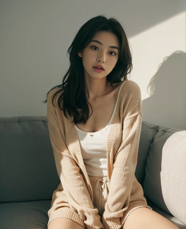 1girl in,Sitting on a cozy sofa,Soft light、Rim Lights、beautiful shadow、lowkey、(Photorealsitic、Raw foto:1.2)、(natural skin textures、realistic eyes and face details)、Hyper-Realism、超A high resolution、4K、top-quality、(cleavage of the breast:0.4)、The whole body is reflected、girl with、Overjacket、barechested、white walls、Leaning against the wall、no-makeup、