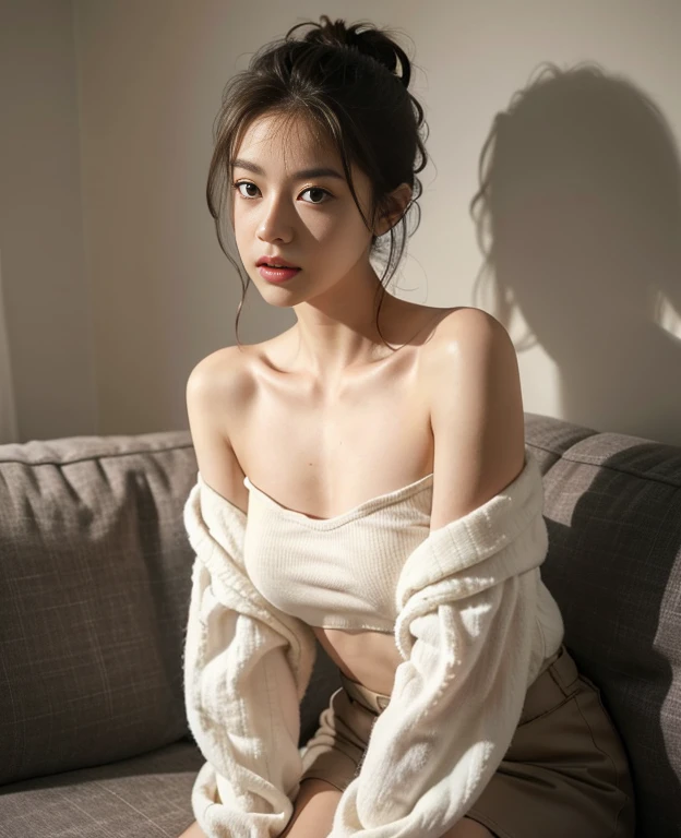 1girl in,Sitting on a cozy sofa,open one's legs、Soft light、undergarment、show through、