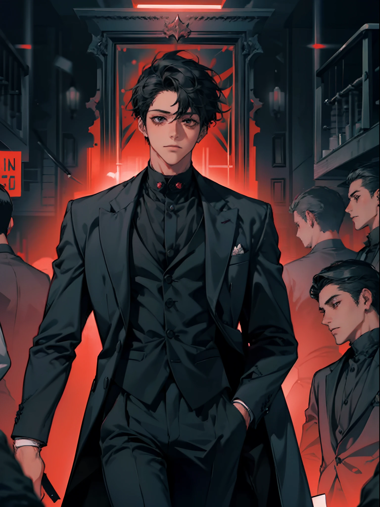 (1boy:1.5), (Pure black suit), masterpiece, black_hair, solo, 1boy, male_focus, red_background,murals, cinematic lighting, UHD, anatomically correct, best quality, super detail, 8k, best quality,