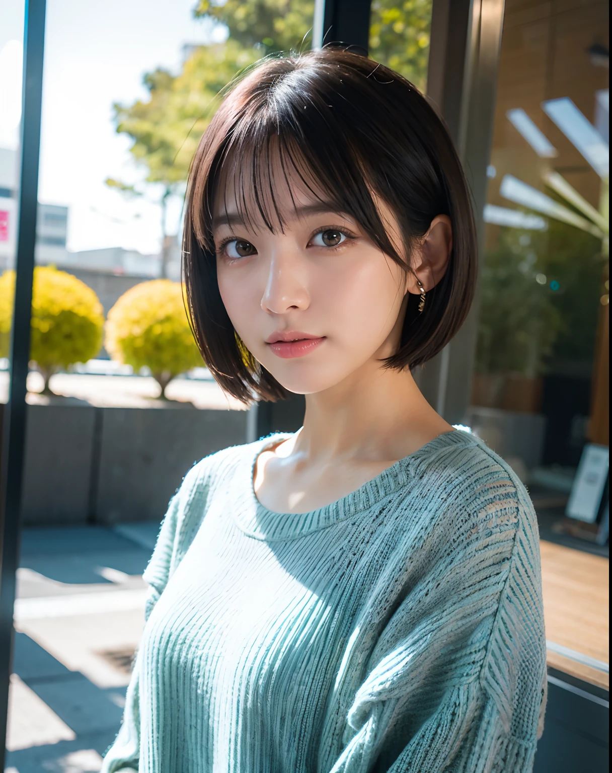 Nikon RAW photo,8 k, Fujifilm XT3,masterpiece, best quality, realistic, photorealistic, ultra detailed,1girl,nvshen, sweater, short hair,