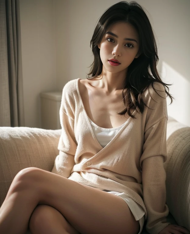 best quality, ultra high res, (photorealistic:1.4),1girl,sitting on a cozy couch,crossing legs,soft light
