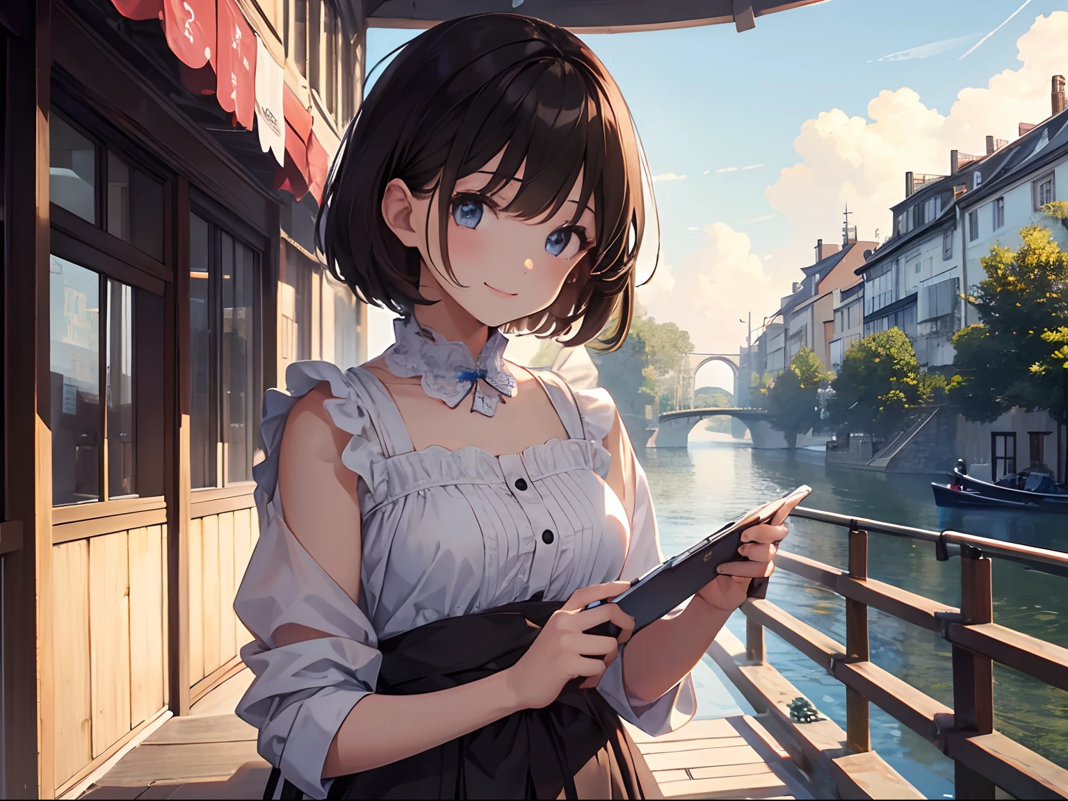 (1girl in),(beautiful eyes finely detailed、Face to detail、masterpiece sidelighting、masterpiece、top-quality、detaileds、High resolution illustration),Woman using laptop on the open terrace of a fashionable café、a closeup、18year old、OL、Everyday clothes、A smile、frontage、The upper part of the body、Brown hair、Short bob hair、The upper part of the body、