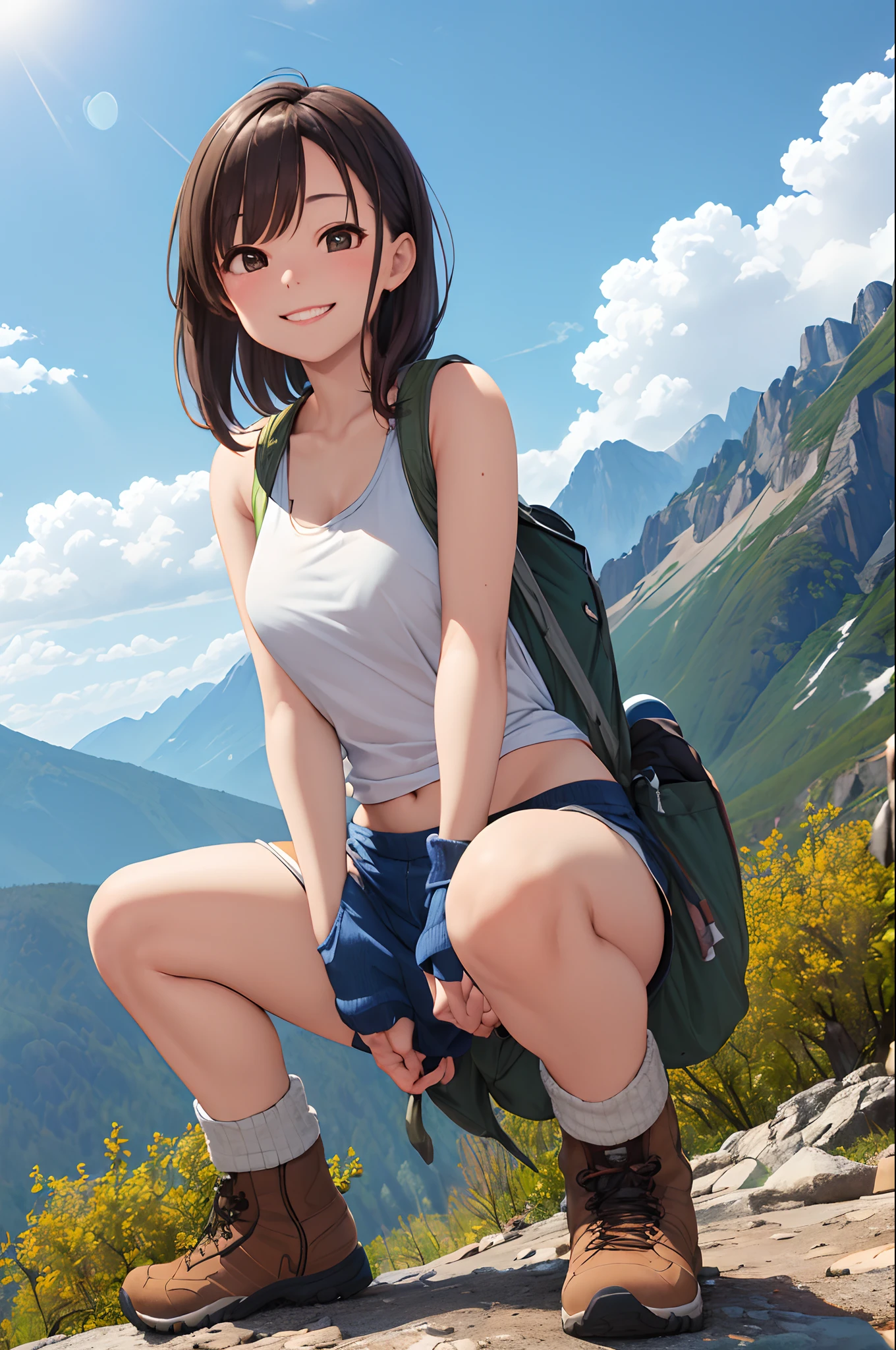 ((best quality)), ((masterpiece)), (detailed), young girl, hiking, minishort, loose tank top, boots, smiling, mountain, beautiful lighting, sunny, mountain trail, partly cloudy