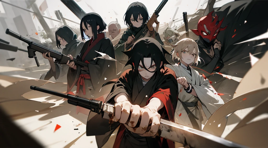 Filthy earth reincarnated Uchiha Madara，Writing wheel eyes，A group of people behind him，The left hand holds a long gun，The right hand holds a sword，There were shattered masks on the ground