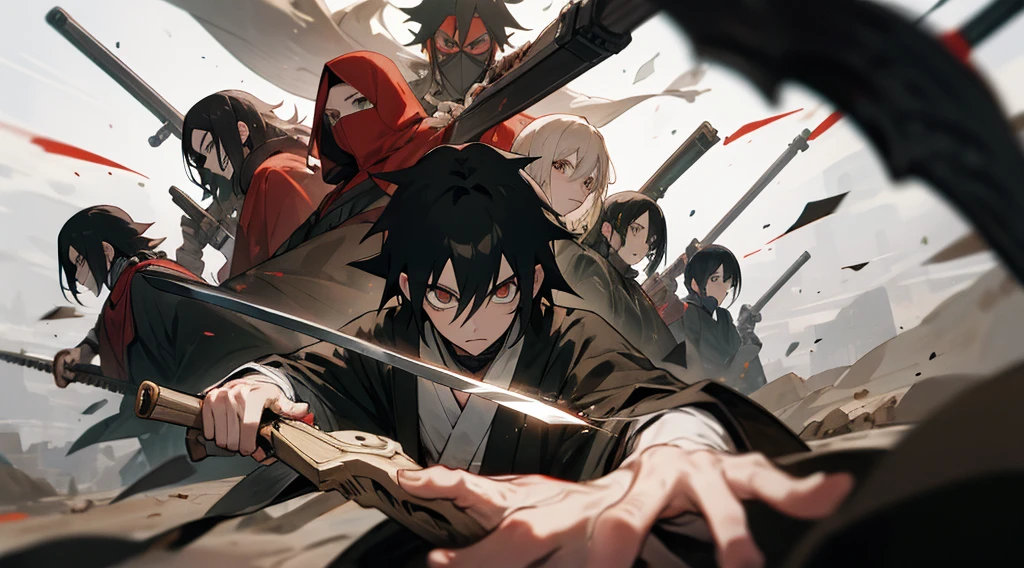 Filthy earth reincarnated Uchiha Madara,Writing wheel eyes,A group of people behind him,The left hand holds a long gun,The right hand holds a sword,There were shattered masks on the ground