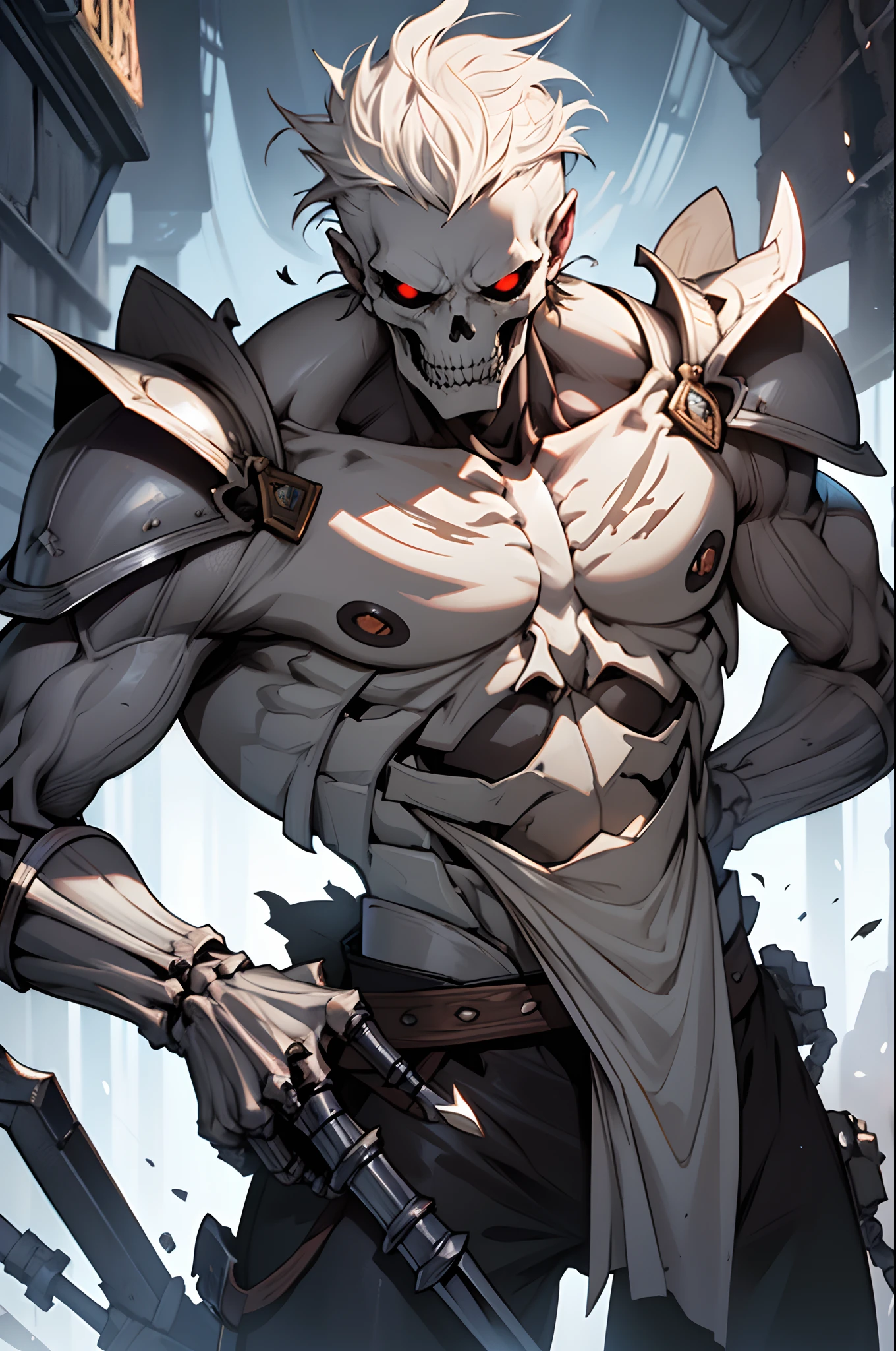 Create me a cool skeleton warrior to play DnD. It has to be scary and powerful, With Bone Armor and Weapons, that look like shards of death. Let his black eye sockets radiate menace., And his bony fingers hold the instrument of death. Let his footsteps be heard, Like the creaking of bones, and his presence terrifies the hearts of his enemies. Give it a name, which reflects his ruthless nature and unyielding will to win.