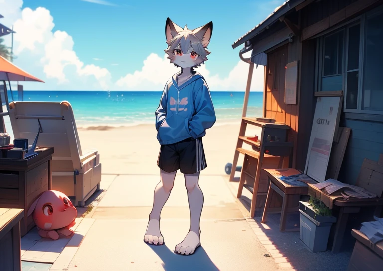 Libido boy,furry wolf,((Shota)), Gray hair, Very good figure, Handsome,adolable, Light:Extreme light and shadow, Reflective skin,Reddish skin,((Light blue sweatshirt,Casual shorts)) ,((Beachside,独奏,solo person)),Outdoor sunset,((the detail)),(depth of fields),standing on your feet,Medium height,skinny and thin