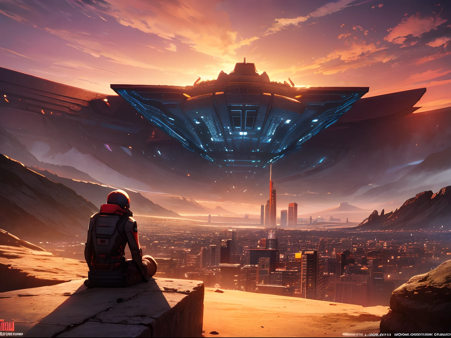 (Masterpiece, best quality), alien planet, red sky, fragmentation, sci-fi, city, concept art, painted,