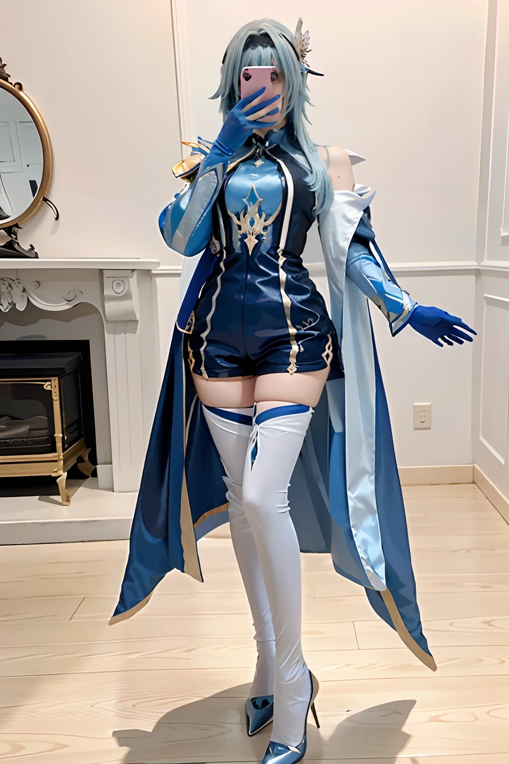 Beauty of a goddess, slim, beautiful woman, 1girl, solo, (masterpiece:1.2), best quality, eula, genshin, ultra high detailed, 8K resolution, ((holding phone to cover face)), eula from genshin impact, indoor, in a room, blue hair, hair ornaments, (((eula cosplay outfit))), standing