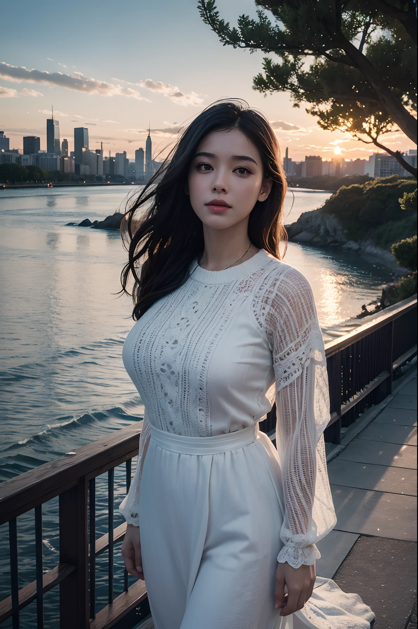best quality, masterpiece, photo realistic, intricate details, raw photo, photon rendering, octane render, absurdres, ultra detailed, detailed face, detailed skin, trending on artstation,8k masterpiece,cinematic lighting, scenery, scenery, no humans, cityscape, sky, city, cloud, outdoors, building, sunset, city lights, bridge, river, tree, roadn, artist name,