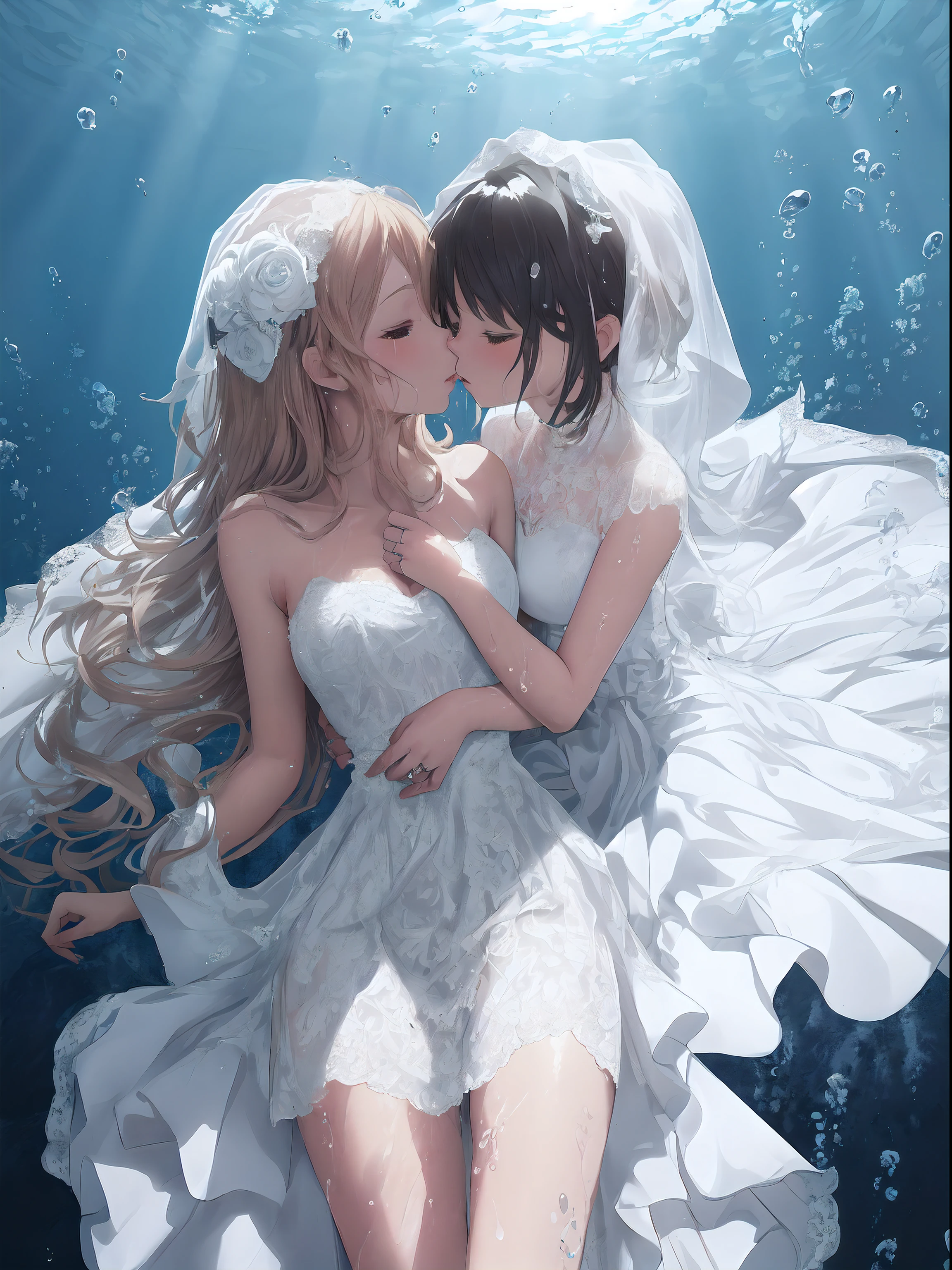wallpaper anime blue water, beautiful fantasy anime, closeup fantasy with water magic, high definition anime art, Beautiful anime artwork, A beautiful artwork illustration, Beautiful anime art, Anime fantasy artwork, hd anime wallaper, ultra hd anime wallpaper, Anime art wallpaper 4 K, Anime art wallpaper 4k, hd anime wallpaper,(from above, panorama, perspective),((best quality)), ((masterpiece)), (detailed),(dynamic perspective),1 woman and 1 very young girl, 1 woman (kissing) 1 very young girl in (((wet clothes)),(deep kiss:1.2),(wet),(wet body),patient expression,transparent,[dress],((((wet translucent beauty white dress with Lace pattern, very long dress))),bset frills, best wrinkles), best shadow, ((underwater photography, floating under water, underwater photo, in water,deep water, floating drowning)), ((1 woman in wedding dress,1 very young girl in white dress)),yuri,((drowning,sinking)), many water bubbles,(masturbation,clothed_masturbation), 8k resolution
