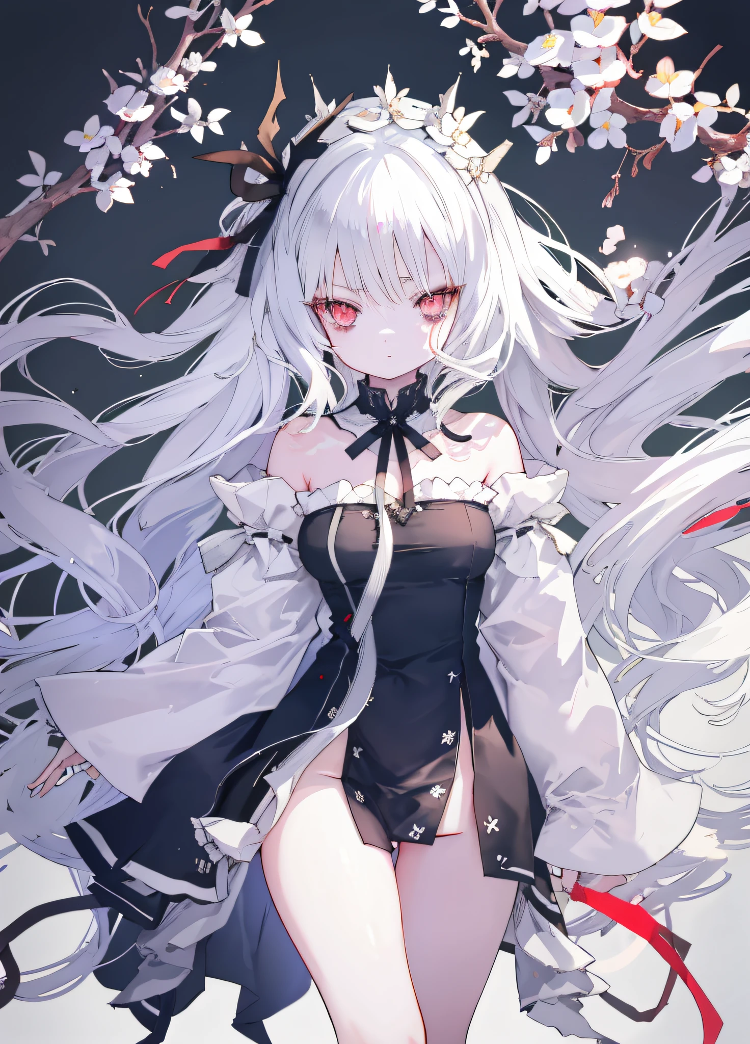 1girll, 独奏， Red Eyes，white haired god，Long grey hair，head gear，Best Shadow, shallowdepthoffield, stunningly beautiful girl, Petite, Delicate, beautiful attractive face, masutepiece, Best Quality,Sprinkle with artistic loli,(((NSFW))),Spread your legs apart、low angles、Putting out the chest、Show your lower body、