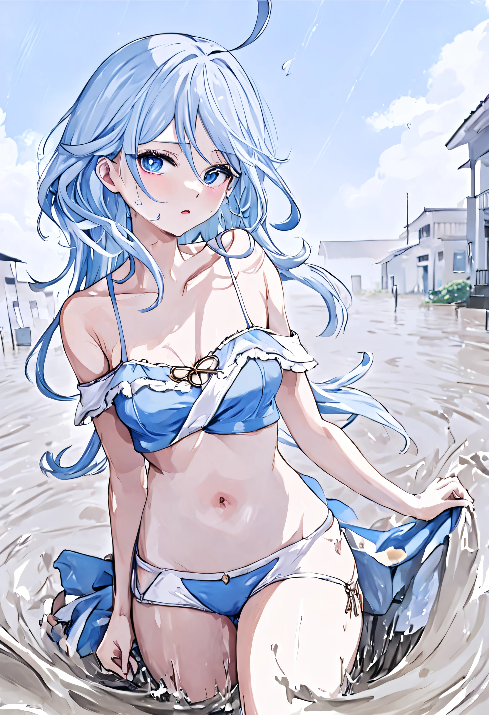 furina, ultra-detailed,(best quality),((masterpiece)),(highres),original,extremely,funingna, 1girl, breasts, crop top, solo, looking at viewer, blue eyes, long hair, cleavage, bare shoulders, thigh strap, sky blue dress, sleeveless, thighs, parted lips, medium breasts, short shorts, white background, white shirt, off shoulder, ((Indonesia National Monument)), ((flood:1.9)), dirty water, ((in front of the house))