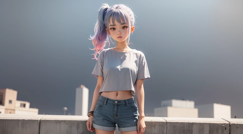 Girl standing with arms extended, character design, plain background, ankle top sneakers, shorts, plain grey background, colourful clothes, stylish top, cute hairstyle, colourful hair