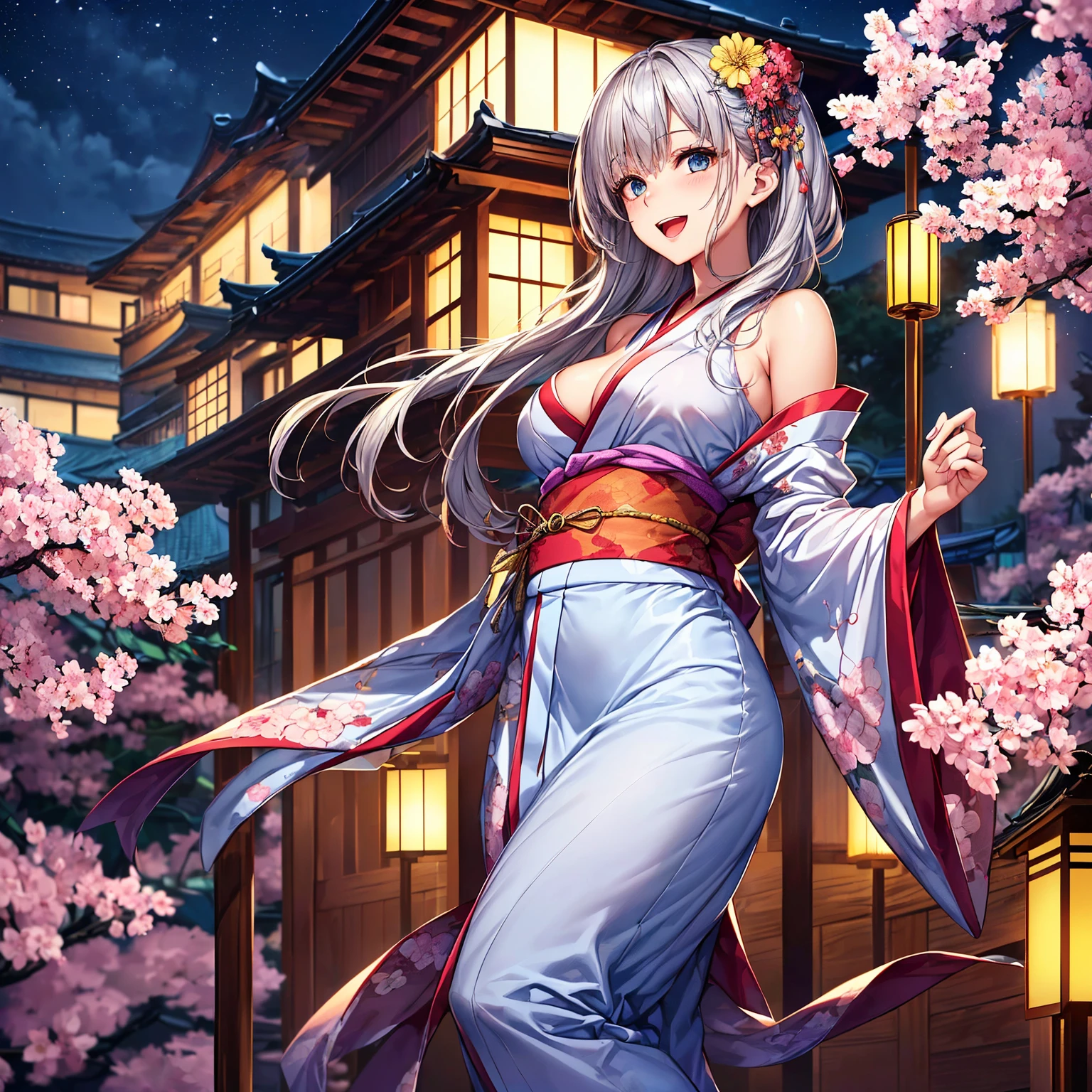 (top-quality、masterpiece、very high res、An ultra-high picture quality、High quality pixels)、(She is a mysterious and bewitching woman, And she is 18 years old,1 person,Single,独奏:1.5)、(She is a very beautiful woman with a beautiful face)、(Beautiful face written in detail,Beautiful body,Strong-willed eyes,Beautiful eyes,Beautiful silver hair,Beautiful skin texture)、(Beautiful hair quality,Variety of hairstyles)、(She has a slender figure and her breasts are D cups)、(lovely smile,Smile, Open mouth,),(Wearing a Japan kimono,Colorful Japan kimono,shoulders are exposed),(Rows of cherry blossom trees at night,Night cherry blossoms in full bloom,Lanterns light),(modelshoot,Magazine shooting,Hair flutters under the influence of the wind),The wind is blowing、Beautiful Art Style, an animated character、(The whole picture、Detailed picture、accurate anatomy、Defect-free images、extremely detailed picture、Accurate images、Perfect Image 1.5)、(Best Shot Photo 1.2)