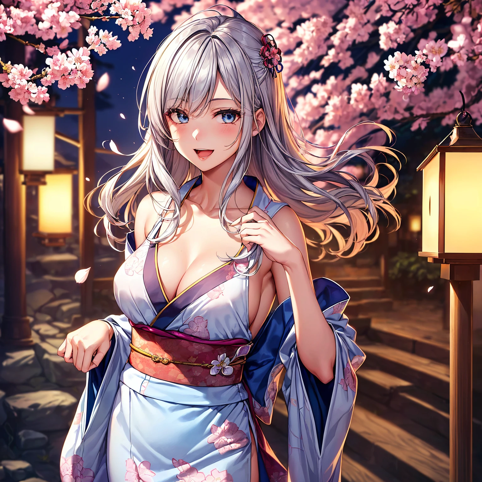 ((highest quality、High resolution、8K、masterpiece:1.3))、dynamic angle、I can see the whole body、wallpaper、1 girl、unparalleled beauty、ultimate beauty、super detailed face、delicate eyes、smile shyly、sexy look、looking at the camera、Depth of bounds written、light particles、side light、ponytail、silver hair、shrine maiden、shrine maiden服、Red and white kimono、Haori、(Holding down the skirt with both hands)、(The wind flips up the skirt and reveals the panties.)、Open chest、big breasts、cleavage、Thighhighs、thighs、slim、slender、Old castle at night