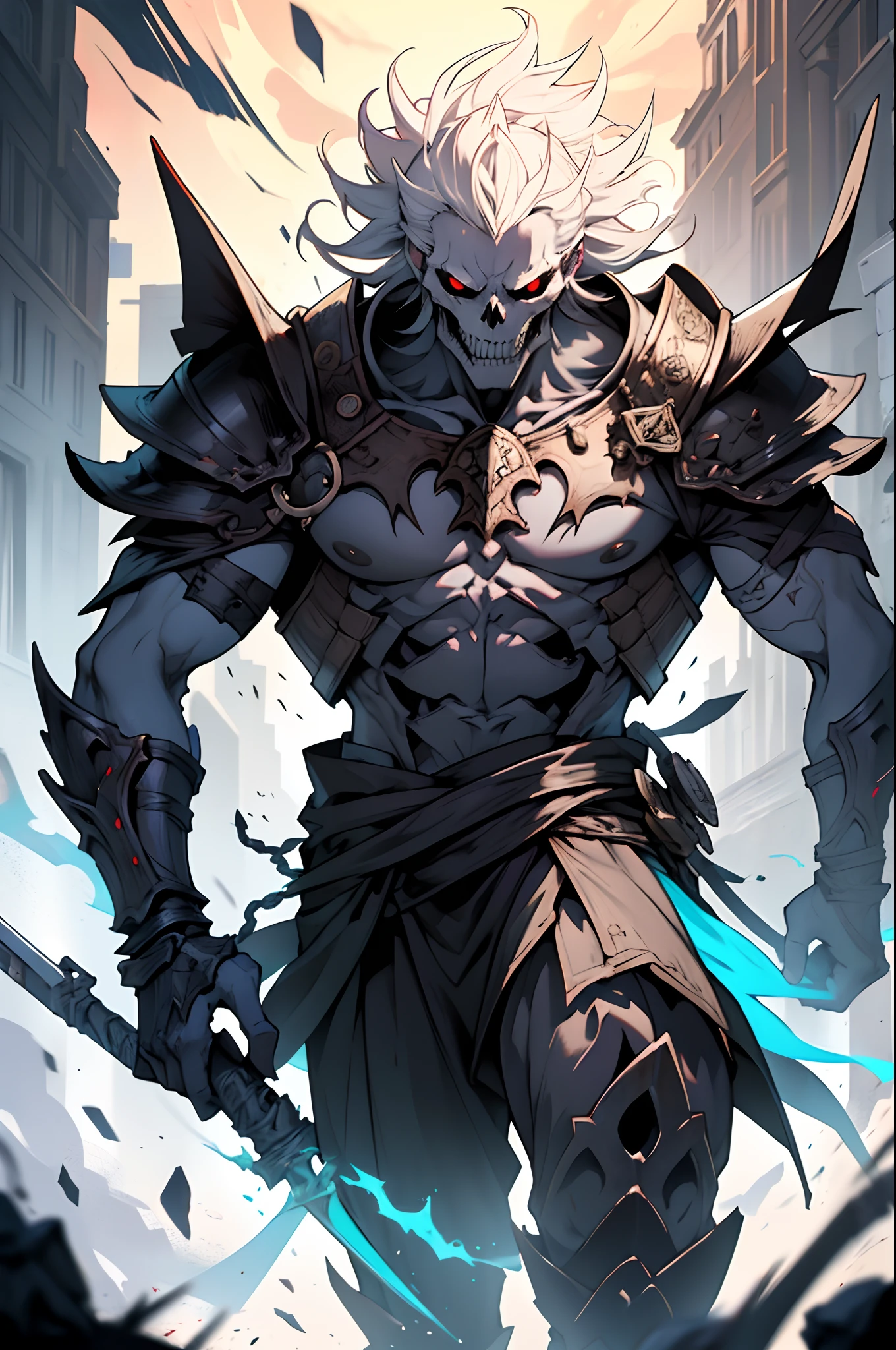 (highres,ultra-detailed),tall man with a large and strong physique,detailed face, detailed eyes,piercing eyes,short gray hair with a slight salt-and-pepper look,standing on a desolate beach surrounded by crashing waves,holding a blood-covered golden sword, blood dripping from its sharp edge,blood-soaked golden armor shining in the sunlight,muscular arms and veins bulging,with a fierce expression on his face,deep wrinkles hinting at a life filled with battles,strong and defined jawline,striking cheekbones,thick eyebrows furrowed with determination,a scar on his left cheek,highlighting his ruggedness and resilience,stands with a sense of power and confidence,overlooking a dystopian cityscape consumed by shadows and chaos,the sky painted in vibrant shades of orange and purple,casting an apocalyptic glow on his figure,a symbol of strength and protection in the midst of darkness and destruction.