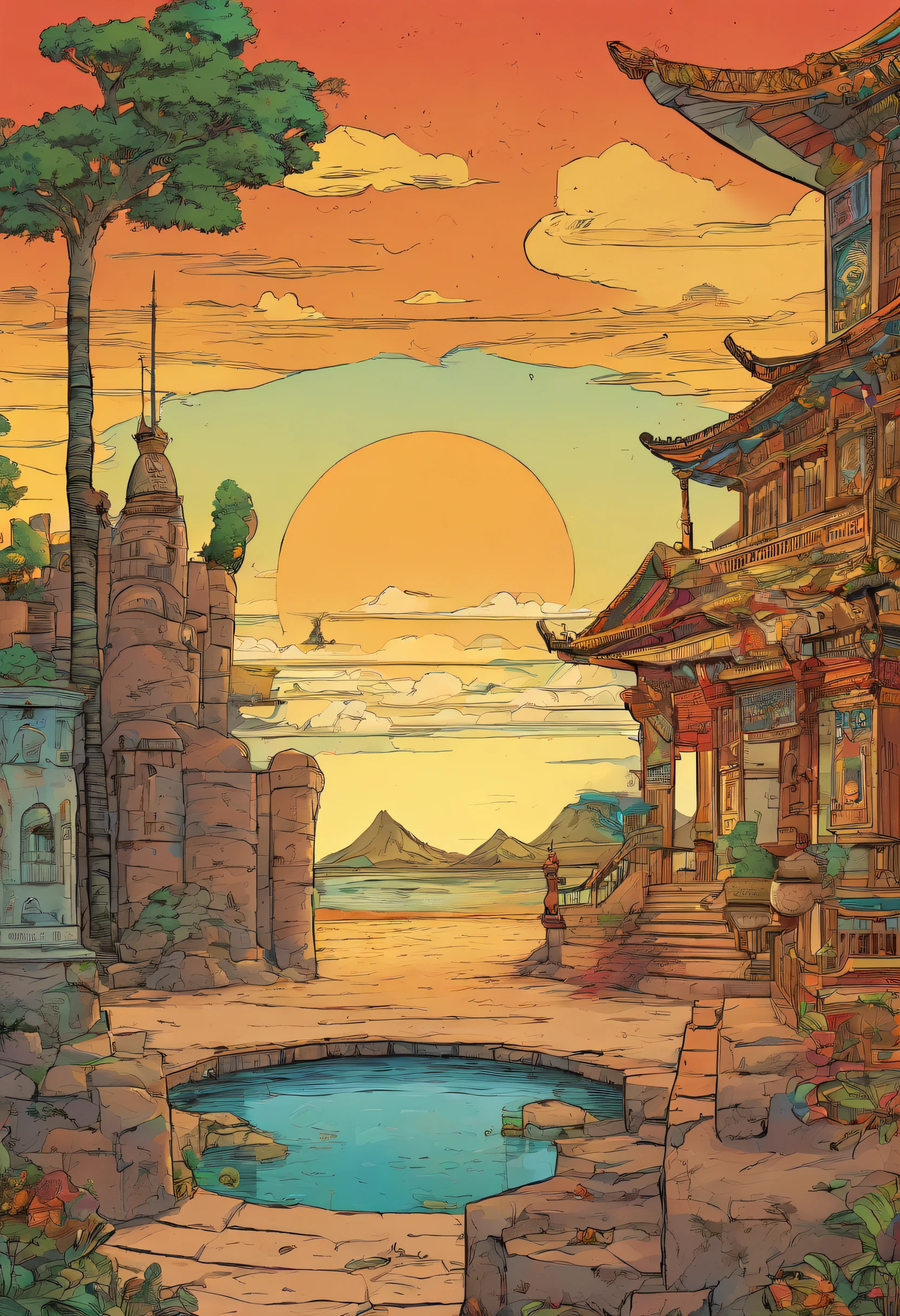 American comic, Comic Story、Displayed in multiple irregularly colored panels..ancient buildings.camel's toe.The emperor saw him off.Style is exaggerated、We pay close attention