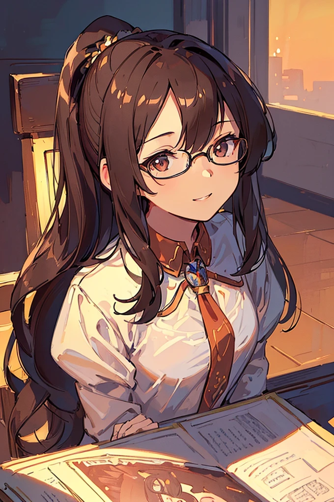 (((Masterpiece))),(((Best quality))),(((Amazing detail))),((illustration)),((A high resolution)),((8K)),((Anatomically correct)),Brown long hair,High ponytail,Delicate hair,a matural female,black-frame glasses,Light smile,adjusting eyewear,angle of view,Anime,Depth of field,Classroom Background,Sunset,Soft light,From above,Lens flare