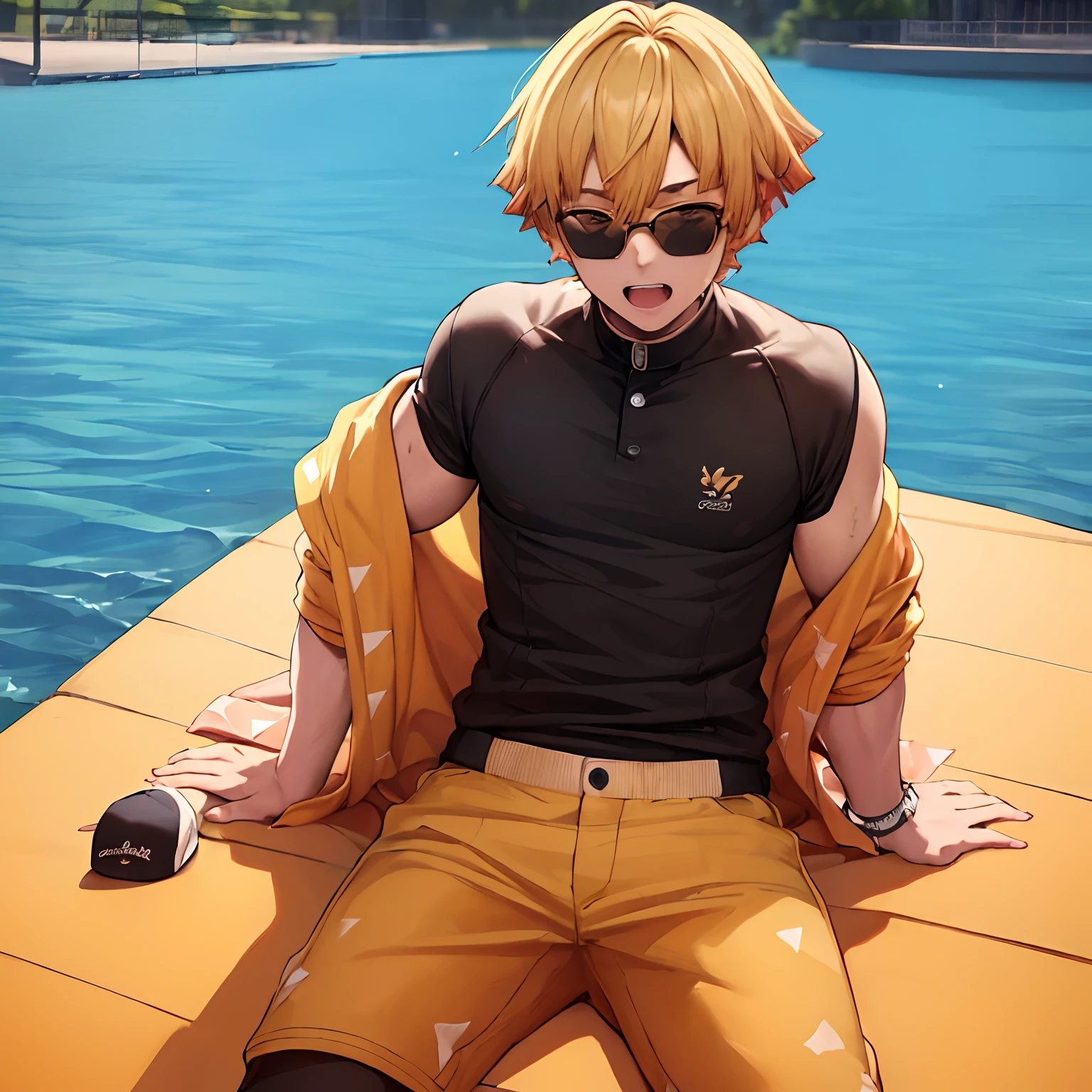 (((master piece))),((best quality)),((((park)))), detailed,1boy, sitting,sports cap, yellow hair,sunglasses,sports shirt,pants,cheerful,toothy grinultra detailed face, shoulder pad, six packs