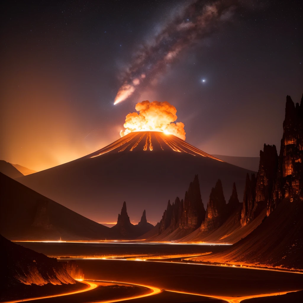 Alien base (Very detailed) In the mountainous desert，There are several exhaust fans and chimneys, Some spotlights come out of the base to illuminate dark places, (Extreme nights), Some clouds in the night sky, Some of the surrounding planets provide air to unknown planets，The farthest giant volcano is erupting