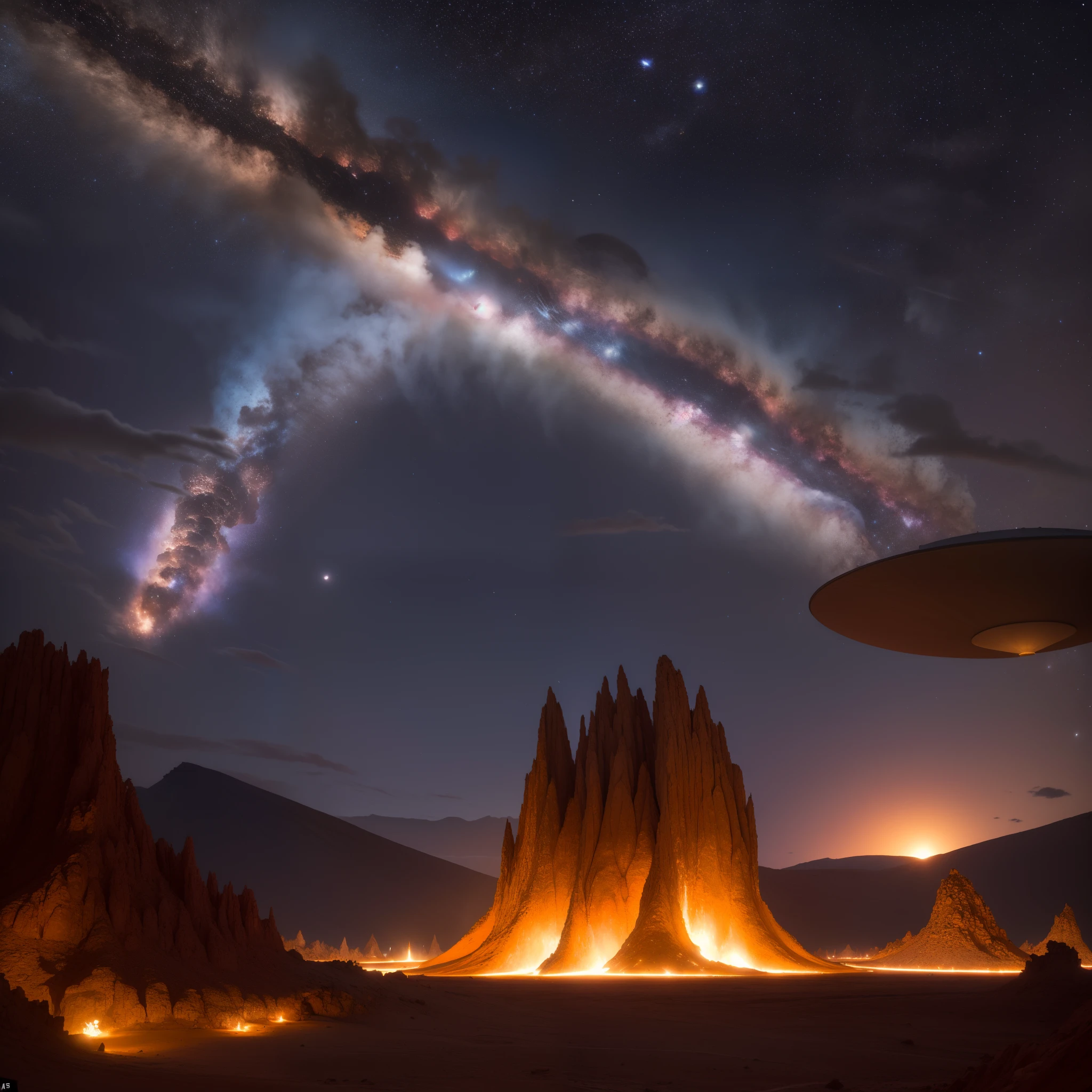 Alien base (Very detailed) In the mountainous desert,There are several exhaust fans and chimneys, Some spotlights come out of the base to illuminate dark places, (Extreme nights), Some clouds in the night sky, Some of the surrounding planets provide air to unknown planets,The farthest giant volcano is erupting