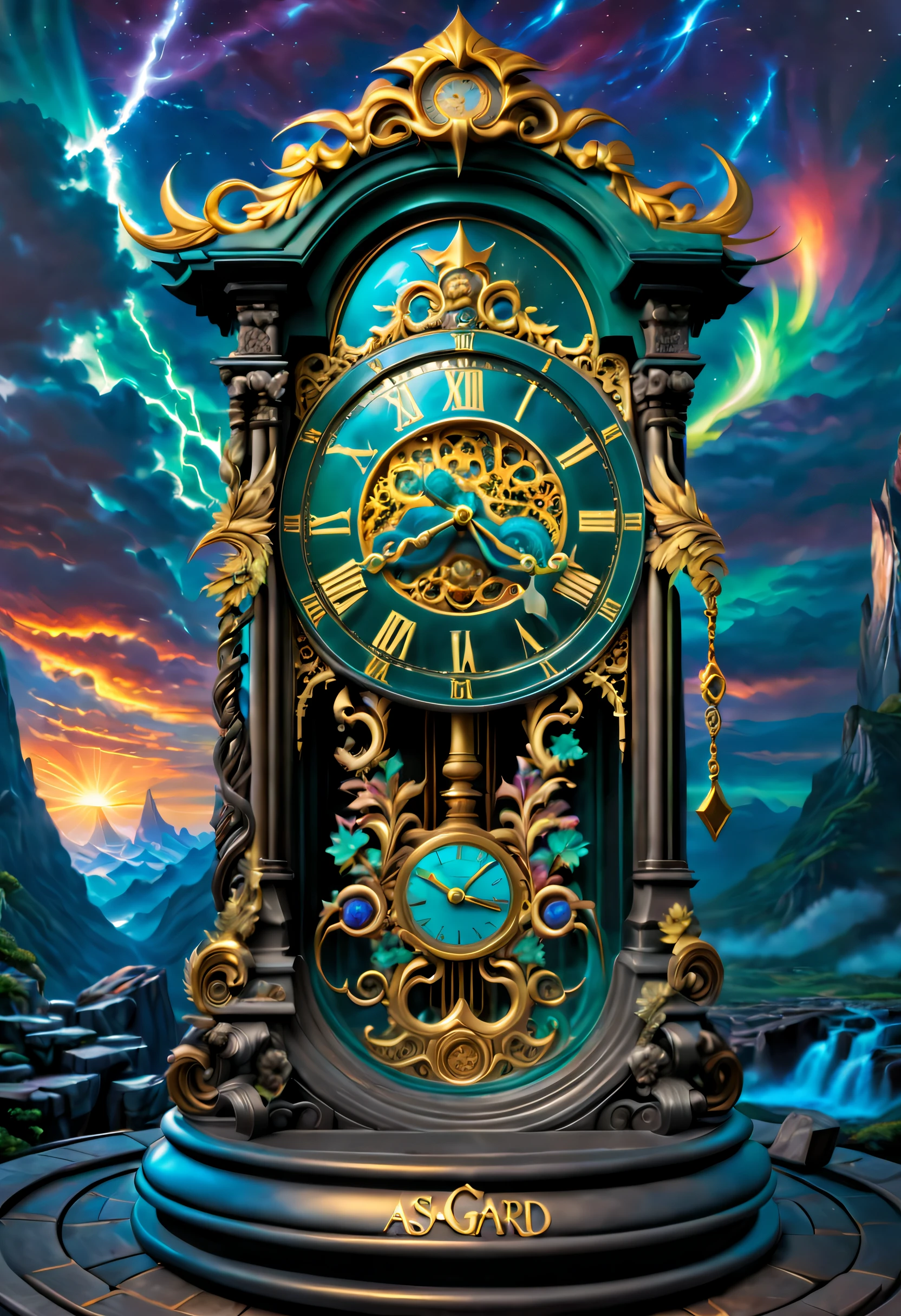 clock_realm, clock, IvoryGoldAI, (Conceptual art, Ghibli-like colours, Hyperrealism, UHD, masterpiece, ccurate, anatomically correct, super detail, award winning, best quality, highres, 8k，The picture is bright，Global illumination，high saturated), fantasy, Asgard, The clock of Asgard，The clock gate of the gods of Norse mythology，Asgard Clock