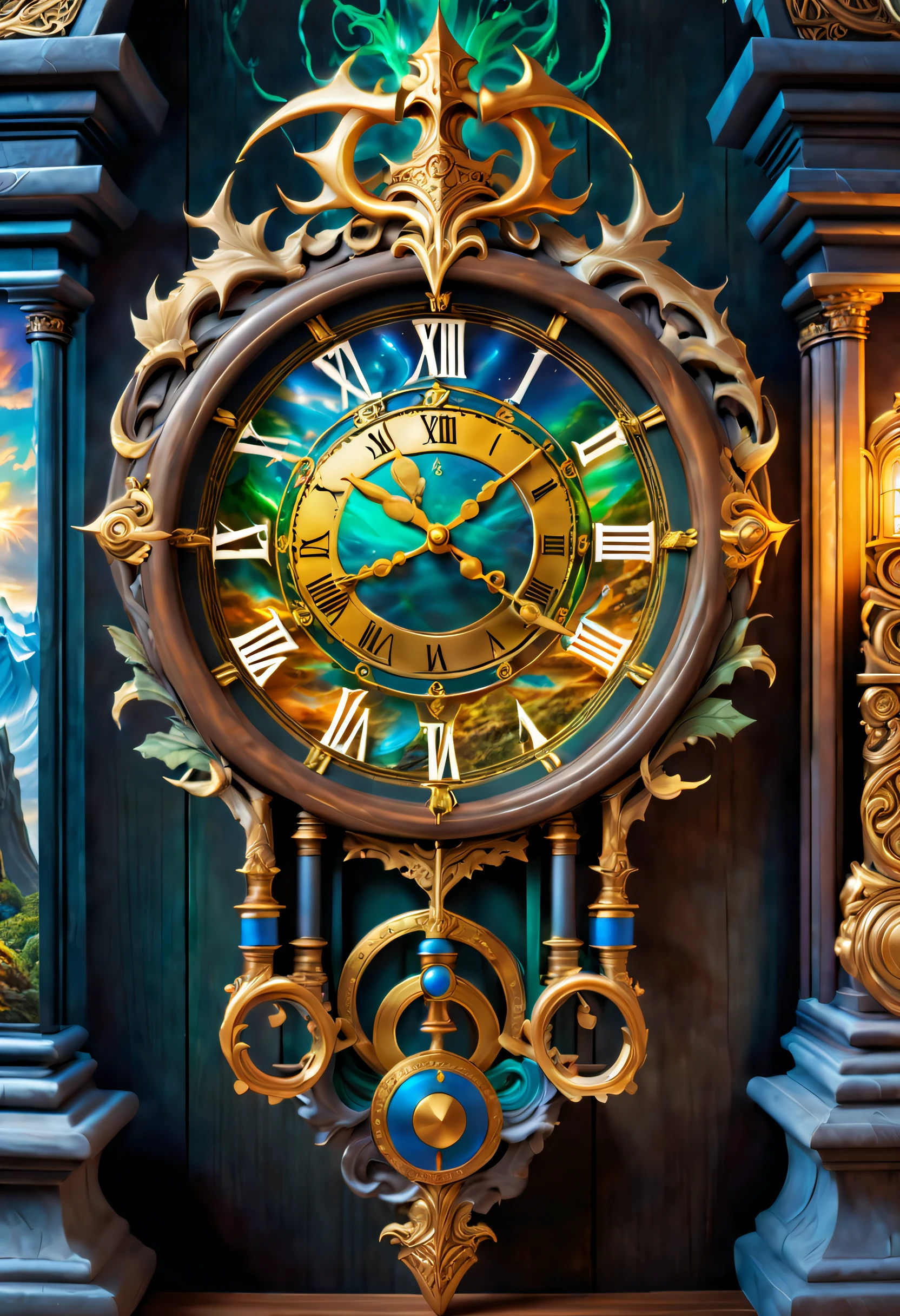 clock_realm, clock, IvoryGoldAI, (Conceptual art, Ghibli-like colours, Hyperrealism, UHD, masterpiece, ccurate, anatomically correct, super detail, award winning, best quality, highres, 8k,The picture is bright,Global illumination,high saturated), fantasy, Asgard, The clock of Asgard,The clock gate of the gods of Norse mythology,Asgard Clock