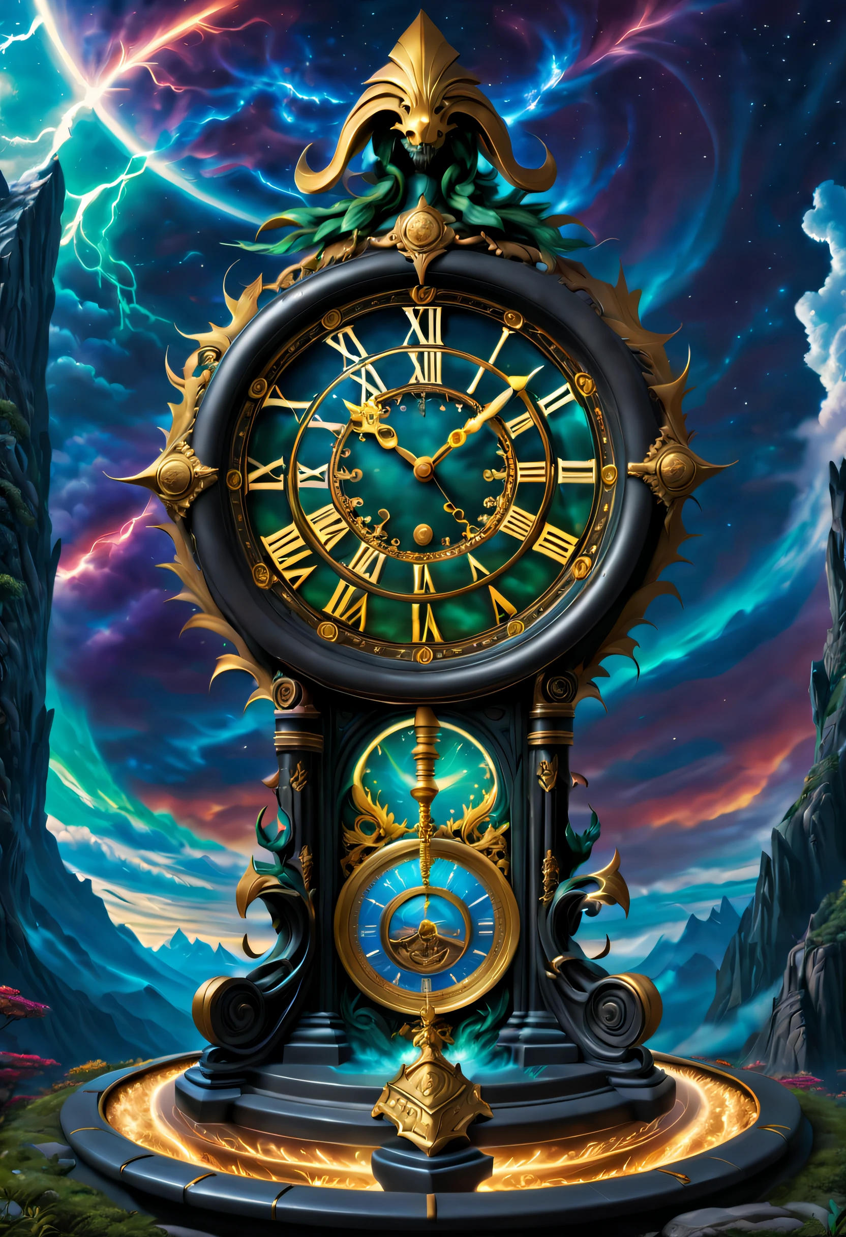 clock_realm, clock, IvoryGoldAI, (Conceptual art, Ghibli-like colours, Hyperrealism, UHD, masterpiece, ccurate, anatomically correct, super detail, award winning, best quality, highres, 8k,The picture is bright,Global illumination,high saturated), fantasy, Asgard, The clock of Asgard,The clock gate of the gods of Norse mythology,Asgard Clock