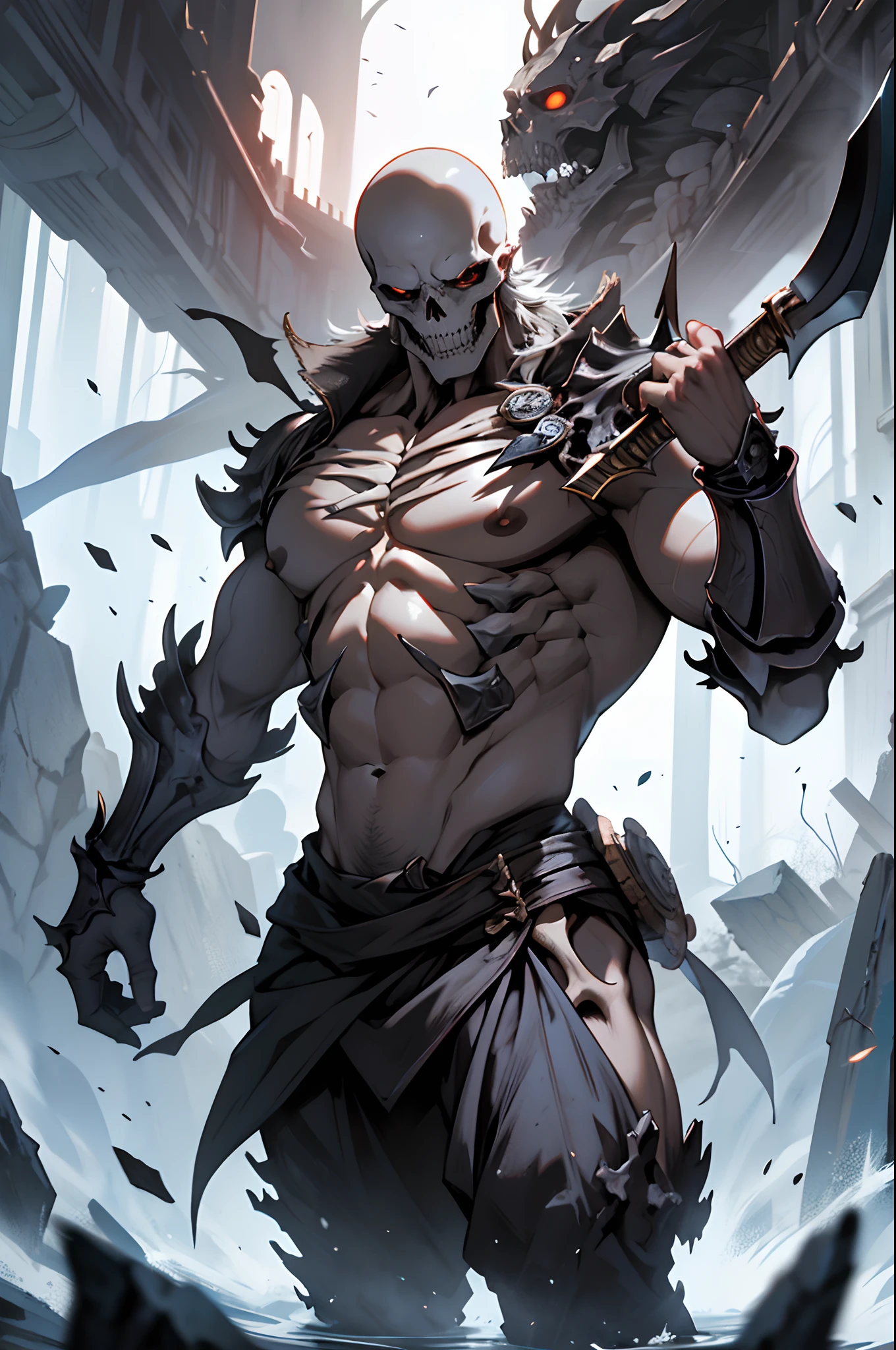 Create me a cool skeleton warrior to play DnD. It has to be scary and powerful, With Bone Armor and Weapons, that look like shards of death. Let his black eye sockets radiate menace., And his bony fingers hold the instrument of death. Let his footsteps be heard, Like the creaking of bones, and his presence terrifies the hearts of his enemies. Give it a name, which reflects his ruthless nature and unyielding will to win.