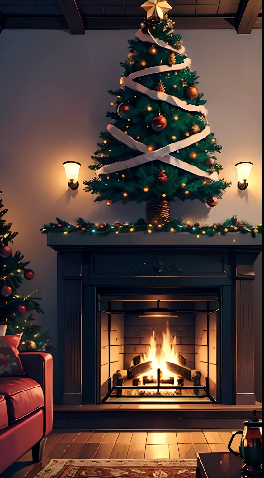 Full Front View Christmas Tree and Fireplace, suelo de madera, 8k