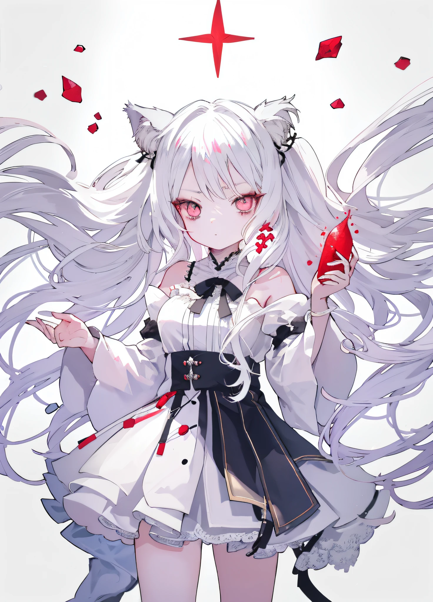 1girll, 独奏， Red Eyes，white haired god，Long whit hair，head gear，Best Shadow, shallowdepthoffield, stunningly beautiful girl, Petite, Delicate, beautiful attractive face, masutepiece, Best Quality,Sprinkle with artistic loli