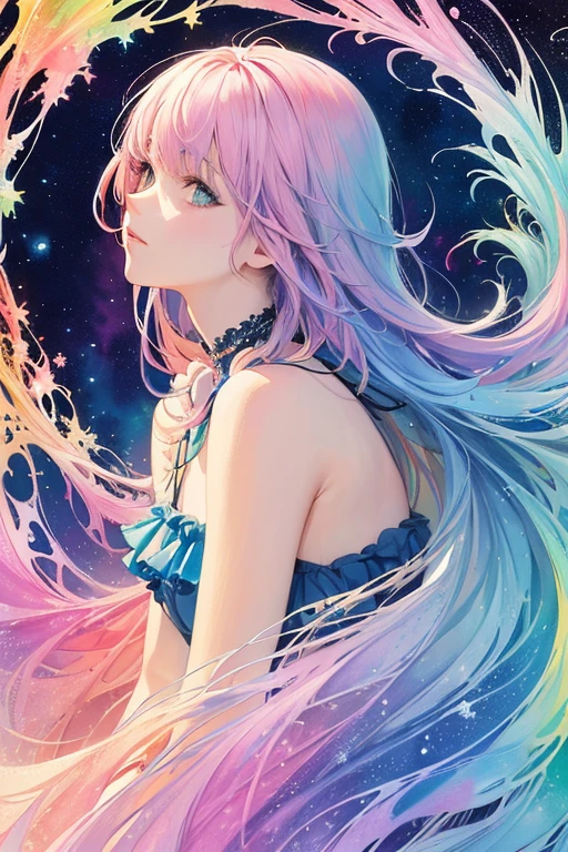 (masterpiece, top quality, best quality,watercolor (medium),official art, beautiful and aesthetic:1.2),(1girl:1.3), (fractal art:1.3),upper body, from side, looking at viewer,patterns,(rainbow color Hair,colorful hair,half blue and half pink hair:1.2),water,liquid, cloud,colorful, starry,stars,