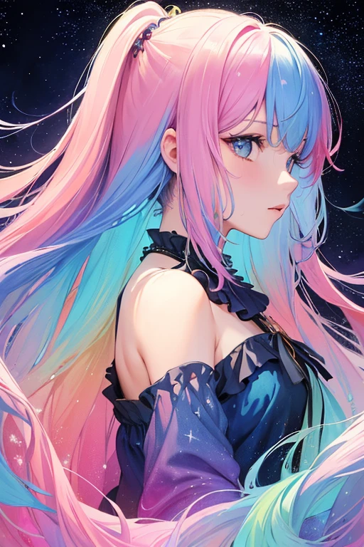 (masterpiece, top quality, best quality,watercolor (medium),official art, beautiful and aesthetic:1.2),(1girl:1.3), (fractal art:1.3),upper body, from side, looking at viewer,patterns,(rainbow color Hair,colorful hair,half blue and half pink hair:1.2),water,liquid, cloud,colorful, starry,stars,