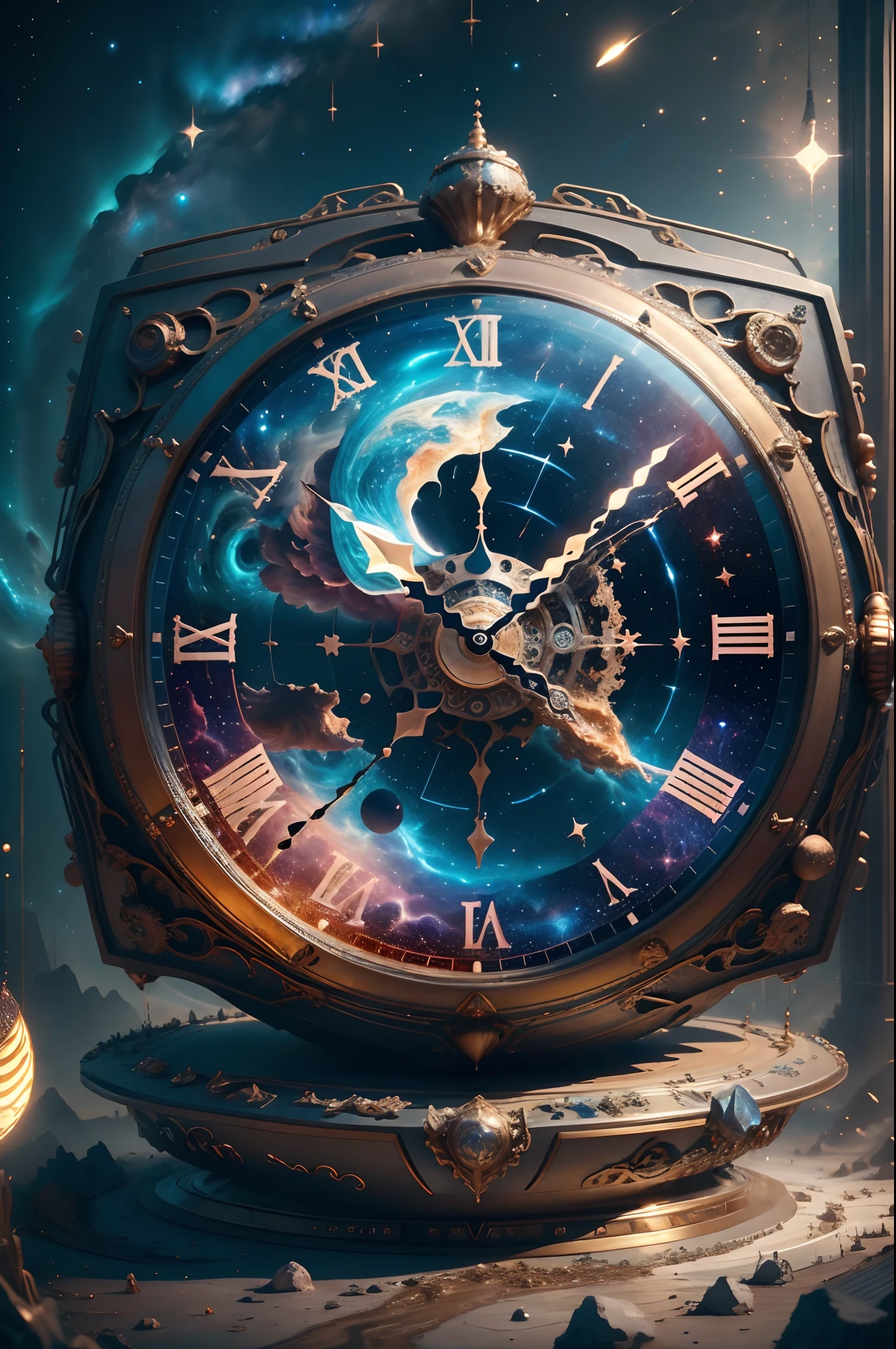 The exterior of this clock is made of a large piece of transparent crystal,The inside of the crystal seems to be inlaid with countless tiny stars and nebulae,Its shimmering light flickered to form a flowing cosmic scene。The entire clock is surrounded by a dazzling starry sky,It's like traveling through time and space,Immerse yourself in a mysterious universe。 The hands of the clock are no longer traditional mechanical structures,Instead, it consists of a miniature laser beam,Each rotation leaves a beautiful trail of light in the space。These laser hands radiate outward from the center of the clock,Like a starlight in the universe,Full of mystery and energy。The passage of time is no longer limited by the dial,Rather, it follows the flow of the laser pointer,Presents a fantastic visual effect,It makes people feel the flow of time and the rhythm of the universe。 The base of the clock is made of futuristic technical materials,It's like a fascinating cosmic base,It is covered with glowing LED installations,It's like a star-crossed city。Every time the clock starts or chimes,The LED lights on the base will show a colorful light and shadow,It is as beautiful and mysterious as a nebula,It makes you feel as if you have traveled to another dimension,clock,IvoryGoldAI, (Conceptual art, Ghibli-like colours, Hyperrealism, UHD, masterpiece, ccurate, anatomically correct, super detail, award winning, best quality, highres, 8k,The picture is bright,Global illumination,high saturated)