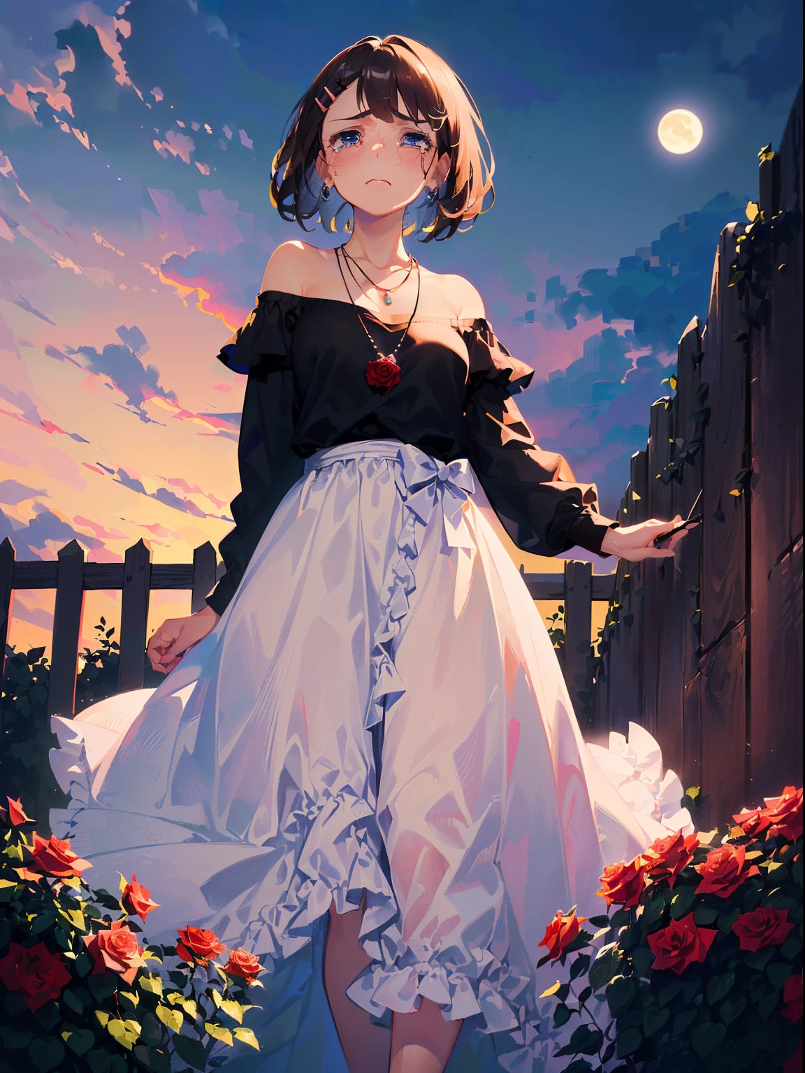 ((((Staring,Slightly sad,tearing,))))((Singing,standing microphones,))(Masterpiece illustration,Beautiful and aesthetic:1.2,Target the audience,From below), Best quality,Top quality, Epic quality,((((Fence wall,Rose,En plein air,))))(Moonlight,Moon glare, god light,))Neat face,underage,mature,Beautiful detailed hair,Brown hair,hyper HD, retinas, Textured skin, A high resolution, 16k ,((hair pin,Steep bangs,side locks,Short hair,Large bow in hair)),Detailed face, 1JK, Lady,Solo, Perfect face, Very amazing girl,((cropped shoulders,Long sleeves,Black T-shirt,frilld,Ruby necklace)),rim-light