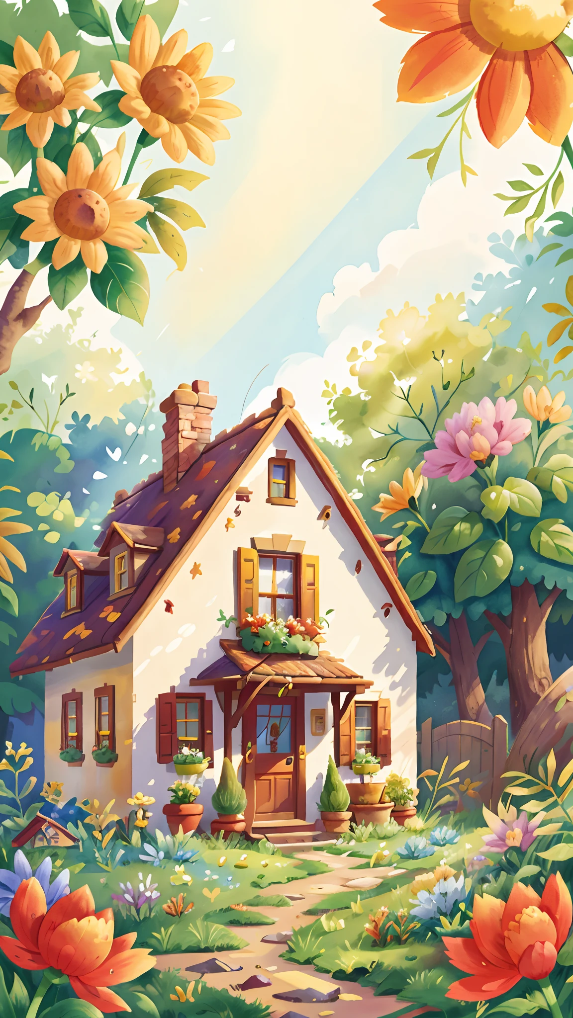 Watercolour. the background is a beautiful and cozy country house, garden with flowers, sunny, perfect quality, (mess-house: 0.8), (masterpiece: 1.2) (Realistic: 1.2) (Bokeh) (Best quality) (Intricate details) (8K) (Detail eyes) (Sharp focus),