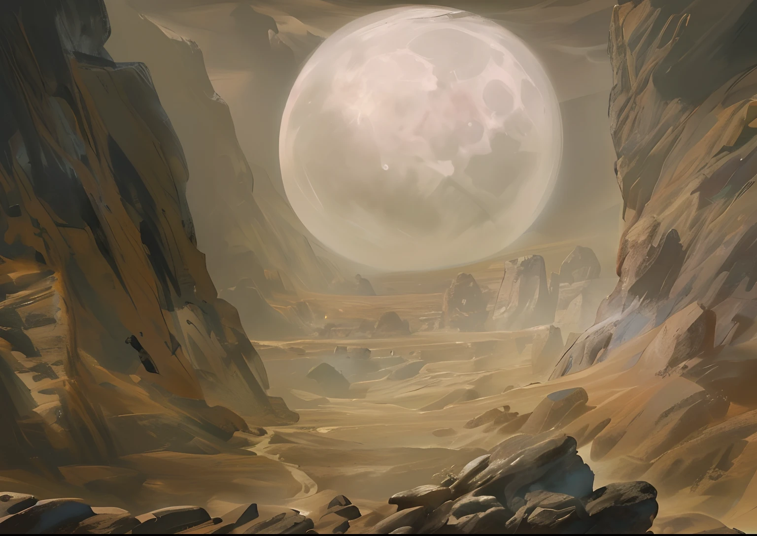 Painting of rocks, Against the background of the full moon, a big moon, Concept art of oil paint, atmospheric. Digital Painting, godrays digital painting, Desolate Gloomy Planet, digital painting concept art, speedpainting, higly detailed. 4k digital painting, The landscape of the planet, digital painting highly detailed, Dead Valley, greenish tint, rocks in the background