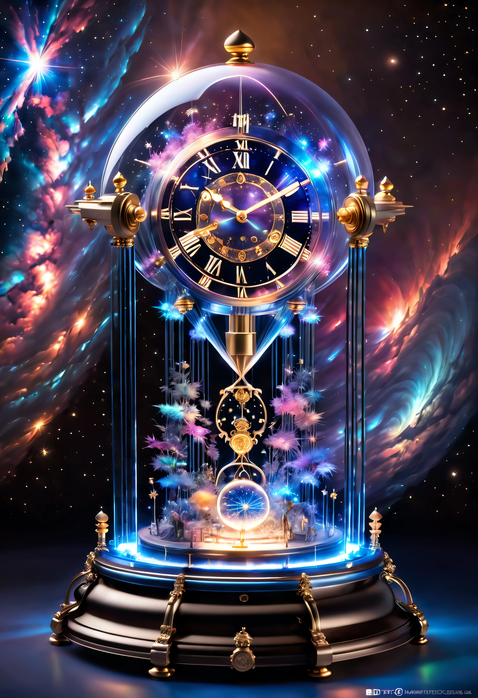 The exterior of this clock is made of a large piece of transparent crystal，The inside of the crystal seems to be inlaid with countless tiny stars and nebulae，Its shimmering light flickered to form a flowing cosmic scene。The entire clock is surrounded by a dazzling starry sky，It's like traveling through time and space，Immerse yourself in a mysterious universe。 The hands of the clock are no longer traditional mechanical structures，Instead, it consists of a miniature laser beam，Each rotation leaves a beautiful trail of light in the space。These laser hands radiate outward from the center of the clock，Like a starlight in the universe，Full of mystery and energy。The passage of time is no longer limited by the dial，Rather, it follows the flow of the laser pointer，Presents a fantastic visual effect，It makes people feel the flow of time and the rhythm of the universe。 The base of the clock is made of futuristic technical materials，It's like a fascinating cosmic base，It is covered with glowing LED installations，It's like a star-crossed city。Every time the clock starts or chimes，The LED lights on the base will show a colorful light and shadow，It is as beautiful and mysterious as a nebula，It makes you feel as if you have traveled to another dimension，clock，IvoryGoldAI, (Conceptual art, Ghibli-like colours, Hyperrealism, UHD, masterpiece, ccurate, anatomically correct, super detail, award winning, best quality, highres, 8k，The picture is bright，Global illumination，high saturated)