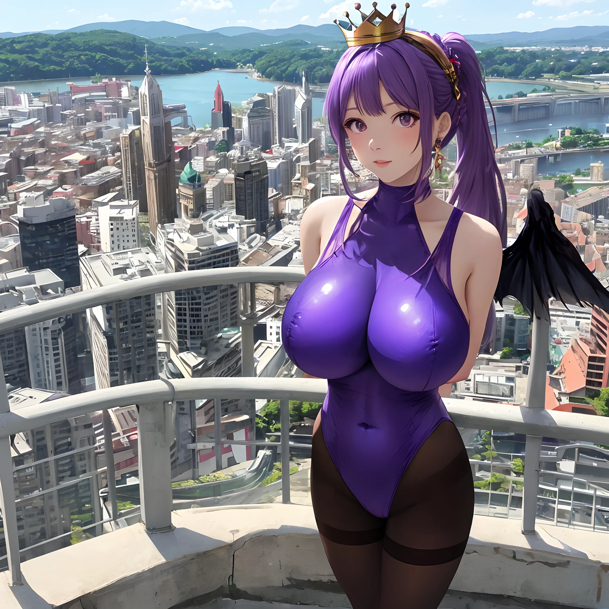 hair adornments,Pantyhose,purple leotard,feater,Cityscape,Lake,view the viewer,jewelry,Huge breasts,arms back behind,Wings,High ponytail,crown,