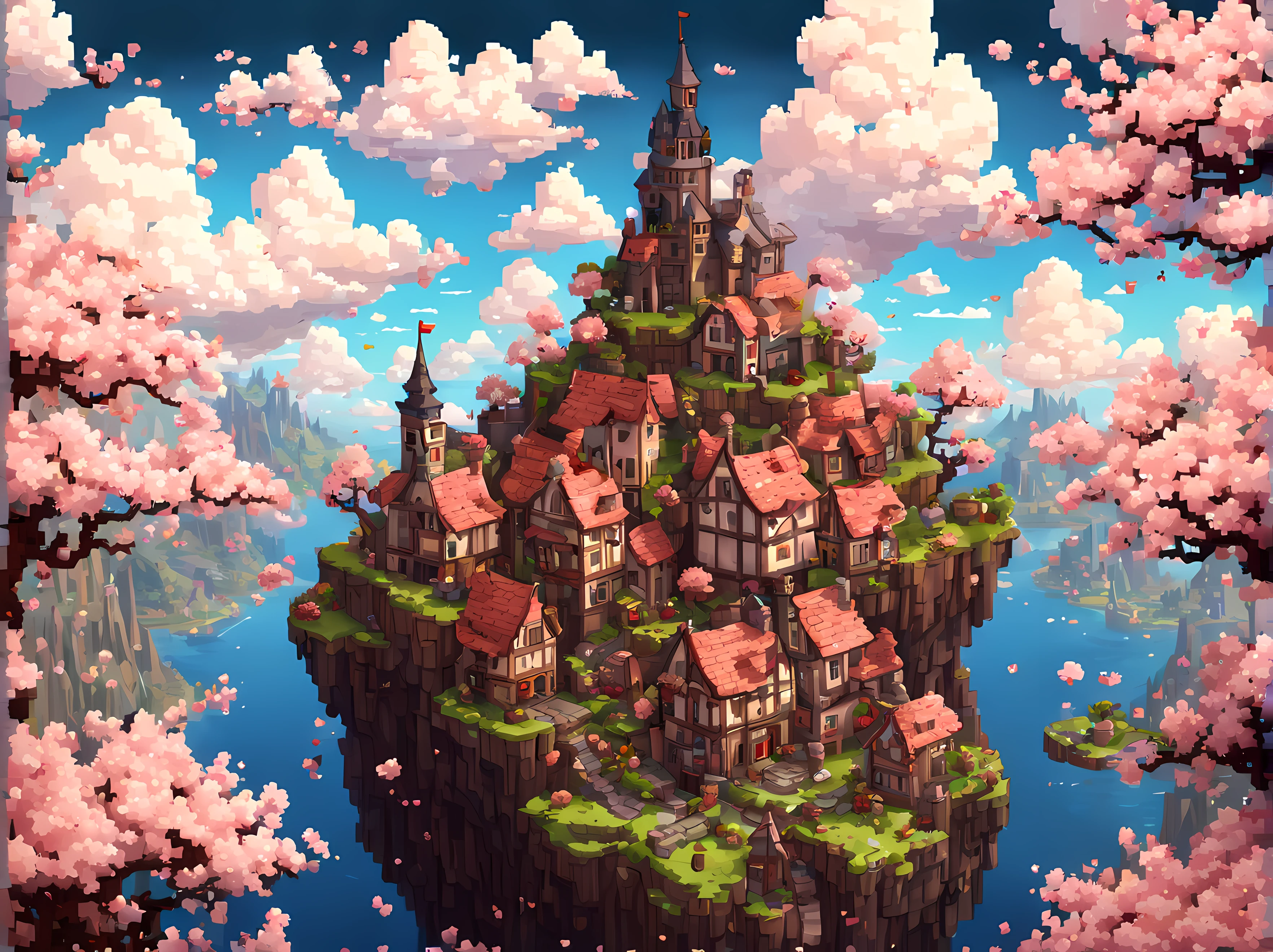 Cute Cartoon, CuteCartoonAF, ((on a flying island)), (high angle shot:1.3), (pixel art:1.3), medieval town with cherry blossom trees, ((breathtaking romantic clouds)), ((frame with rich gothic ornate))